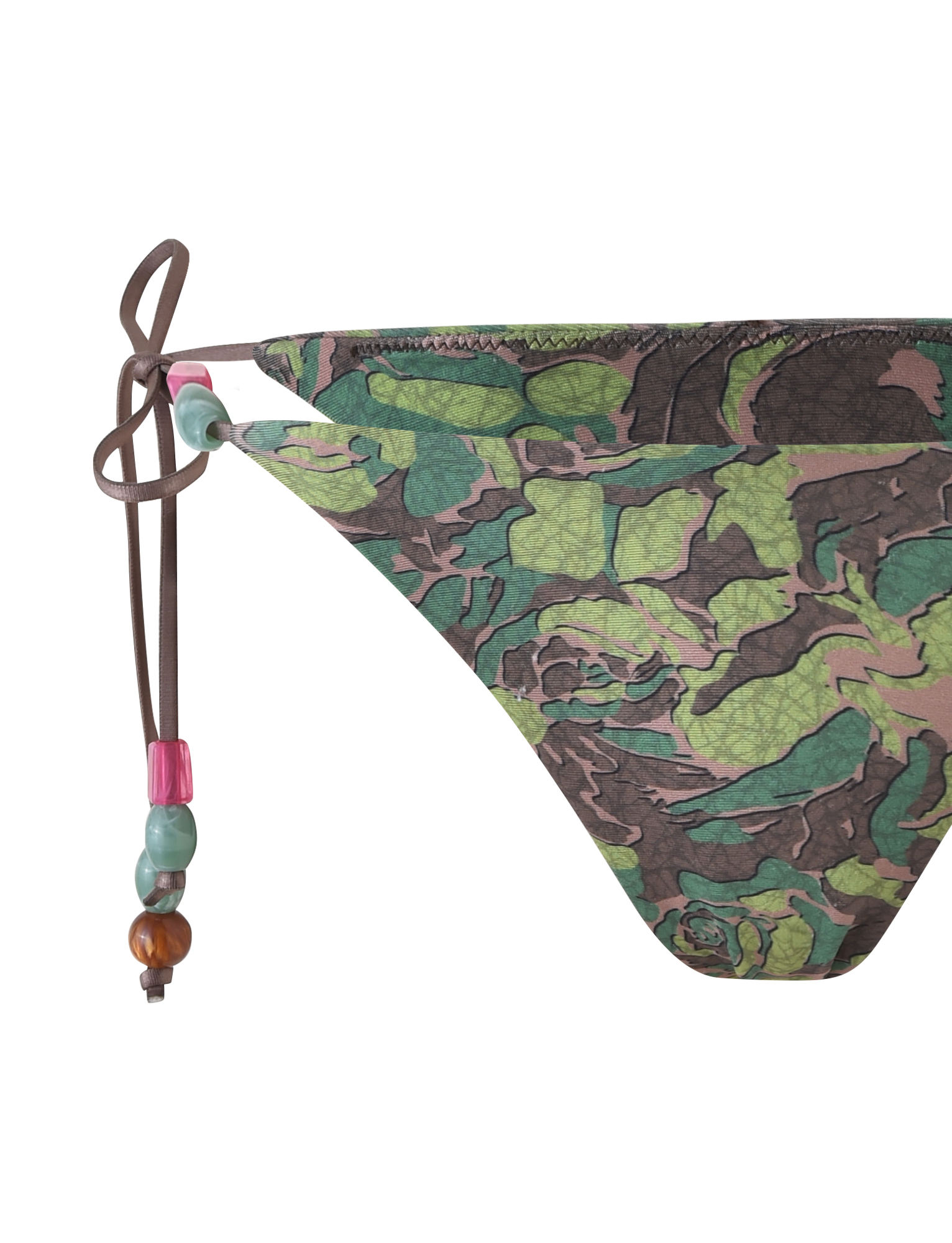 Close-up of the TIGERMIST FINLEA BIKINI BOTTOM - GREEN : CAMO, showcasing a green and brown camouflage print with cheeky cut, brown string side ties, and colorful pink, green, and brown beads.