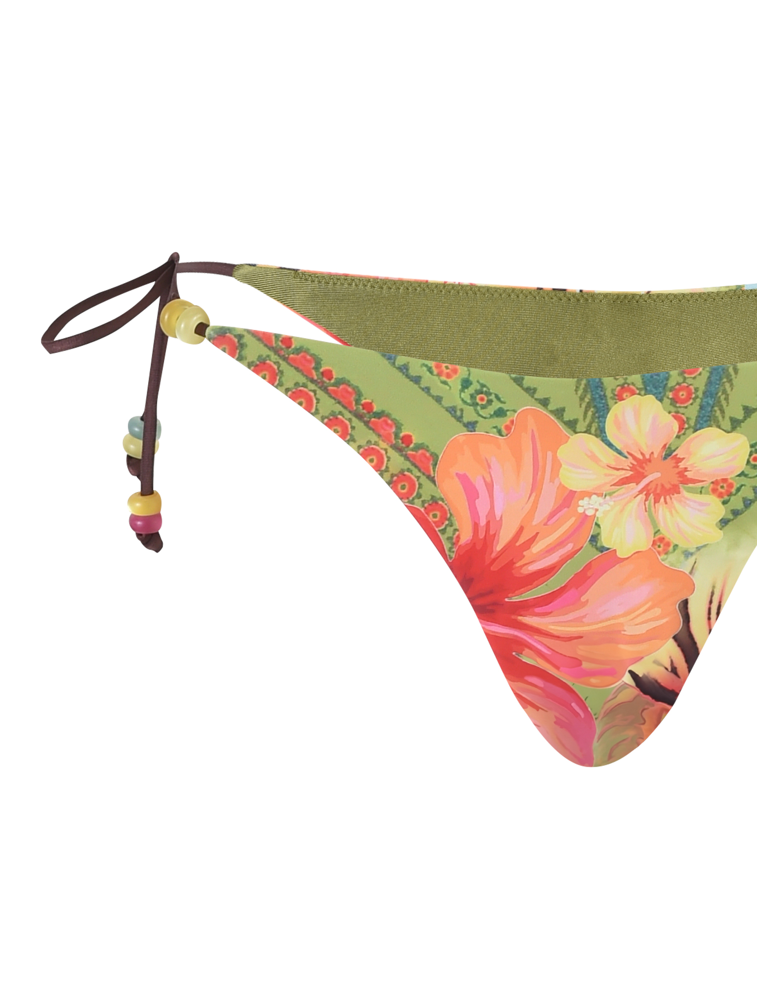 The FINLEA BIKINI BOTTOM - MULTI : TROPICAL FLORAL by TIGERMIST features a green base, tropical floral print, cheeky cut, and side tie with multicolored beads.