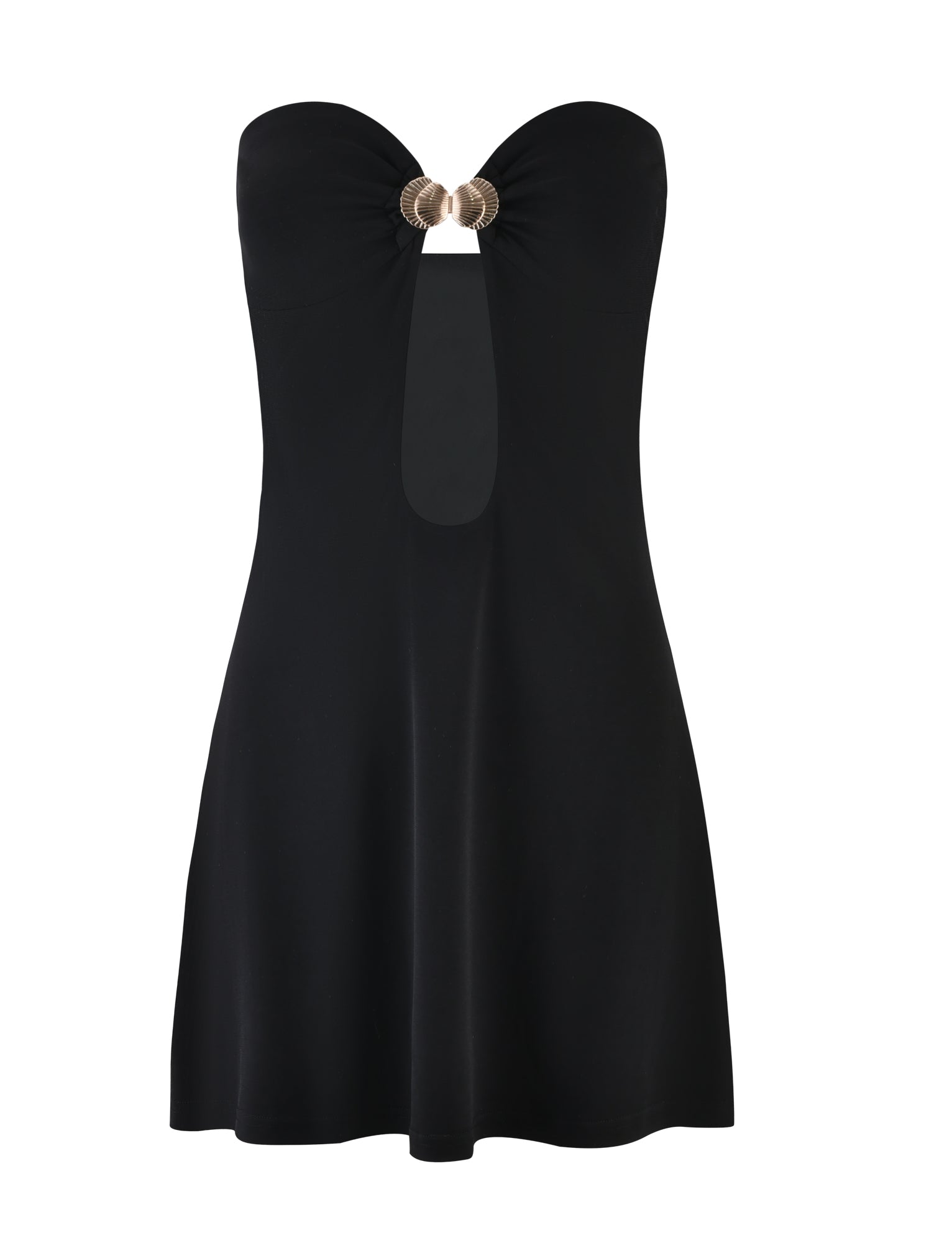 A strapless CECILY MINI DRESS - BLACK by TIGERMIST, featuring a sweetheart neckline and a keyhole cutout at the front. The cutout is adorned with a gold circular embellishment at the top. The dress boasts a slightly flared skirt, providing an elegant and chic look.