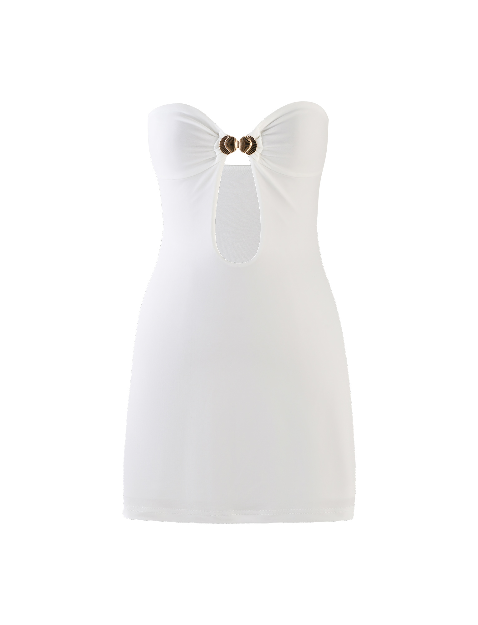 The CECILY MINI DRESS - WHITE by TIGERMIST is a strapless mini dress with a front keyhole cutout, bust gathering, and two gold rings joined at the center.