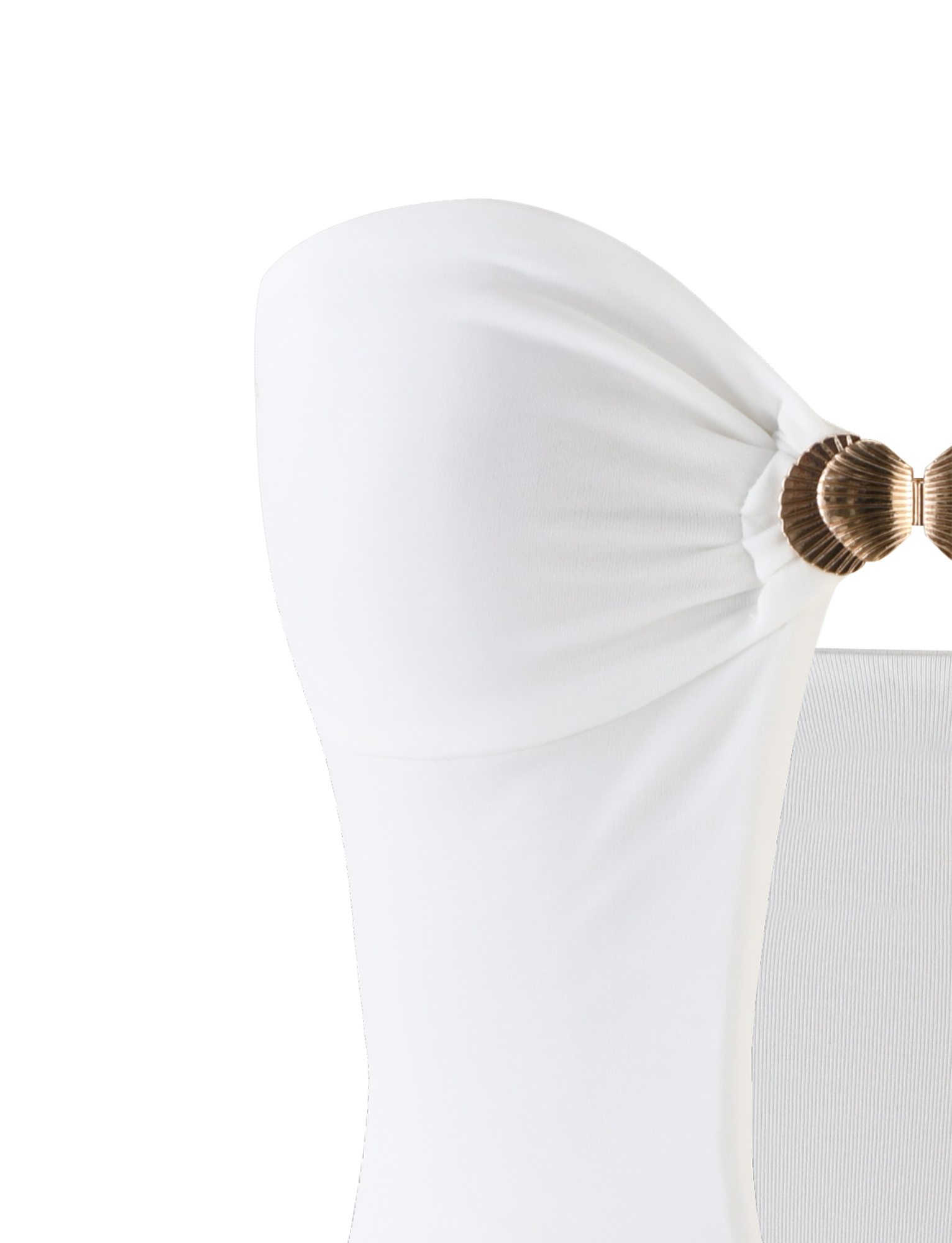 Close-up of a strapless white swimsuit with side ruching and a metallic shell accent, echoing the chic elegance of the TIGERMIST CECILY MINI DRESS - WHITE.