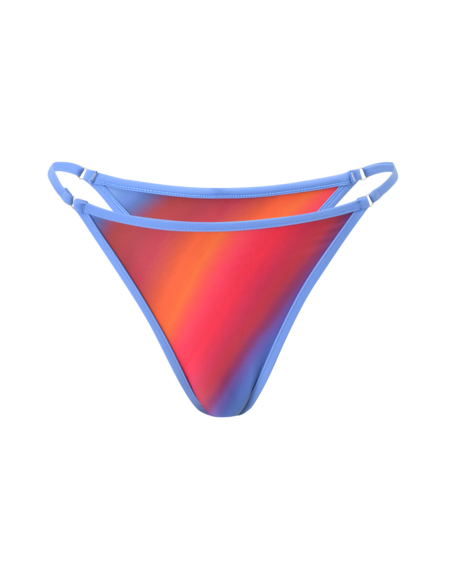 The DIANA SWIM SKIRT SET - CIELO OMBRE by TIGERMIST showcases a bikini bottom with a red, orange, and blue ombre stripe gradient and light blue double side straps, set against a plain white background.