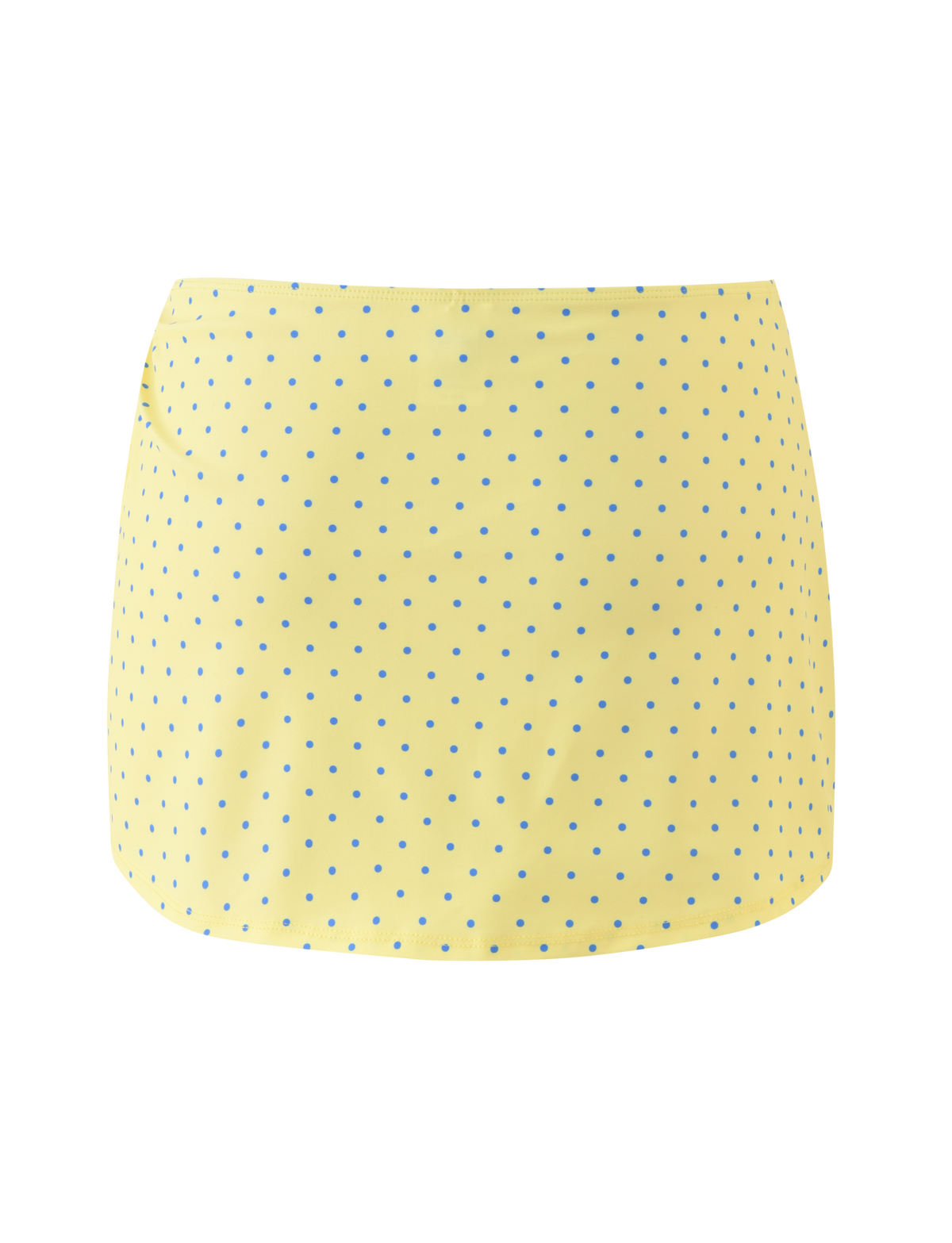 The TIGERMIST DIANA SWIM SKIRT SET in Lemon and Blueberry Spot features a straight-cut yellow skirt with small blue polka dots, shown on a plain white background.
