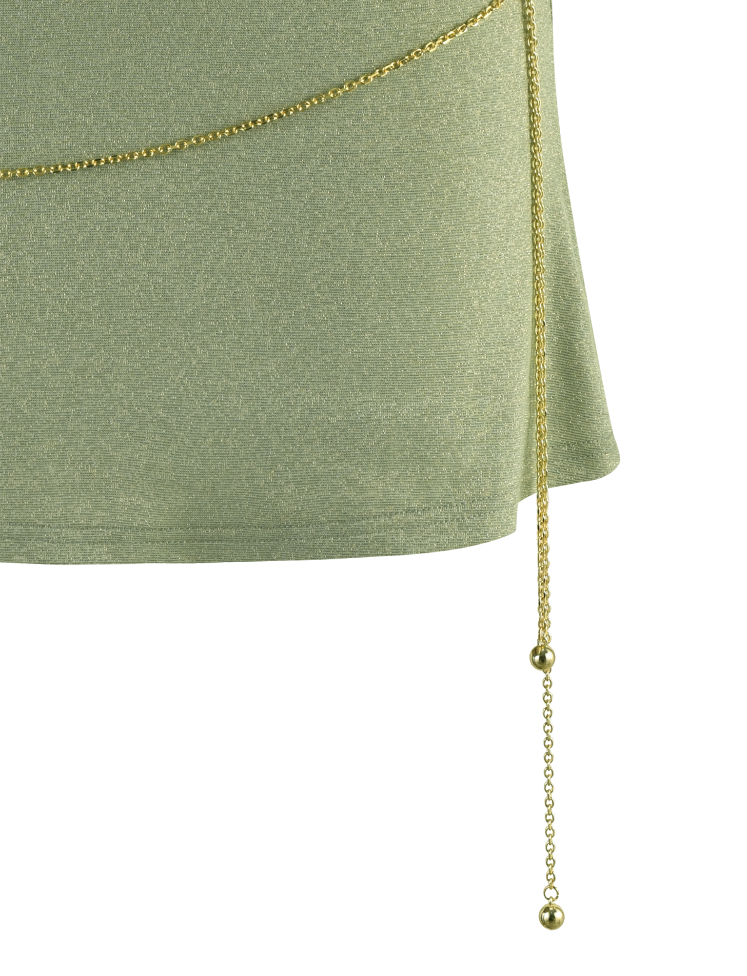Close-up of the TIGERMIST OPELI DRESS - GREEN : GREEN SPARKLE, featuring light green shimmer fabric and a thin gold chain with a small gold ball accent, adding elegance to this mini-length dress.