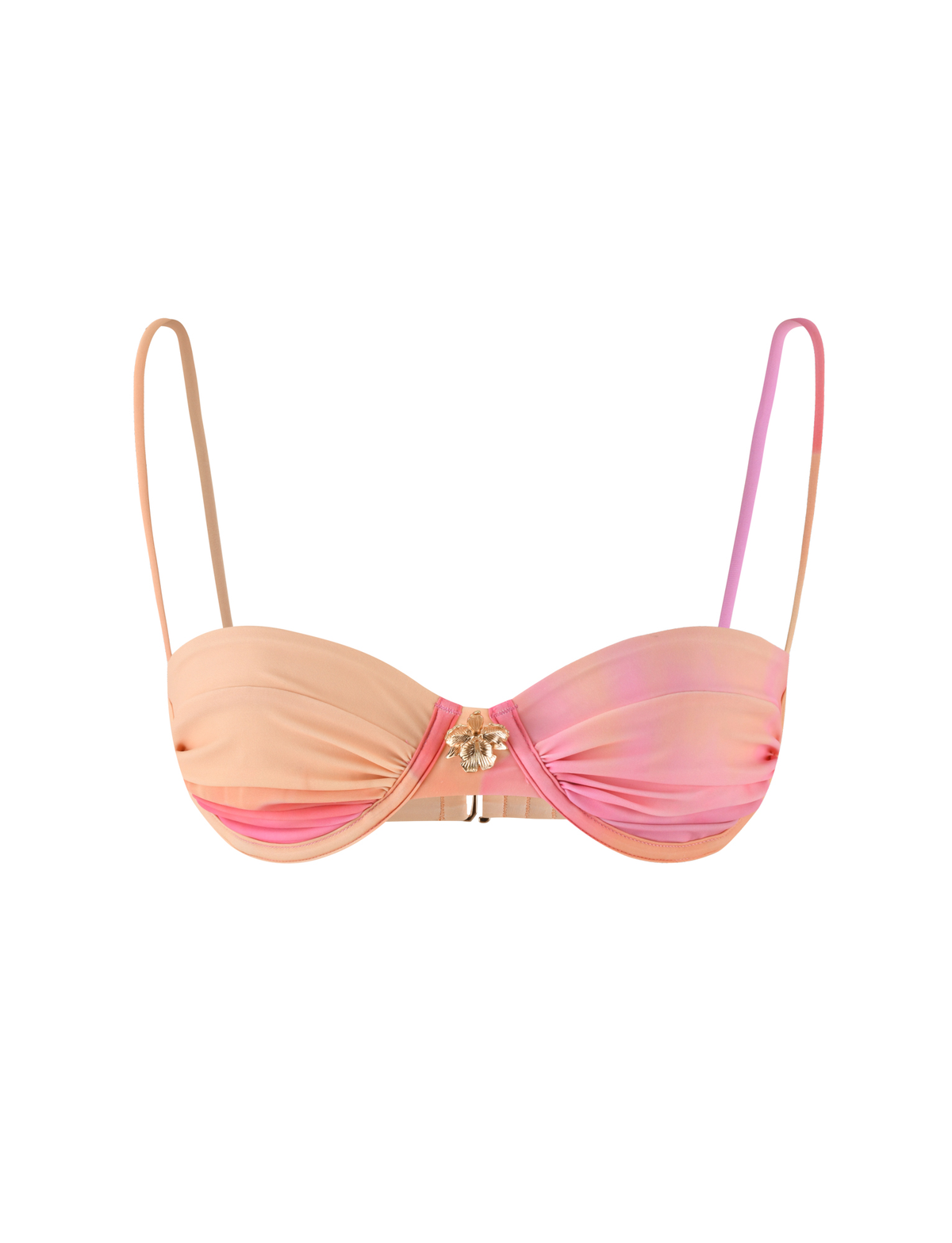 The TIGERMIST KHESSA BIKINI TOP - PINK HIBISCUS features a peach and pink balconette style with a sweetheart neckline, adjustable straps, and a gold metal flower center, shown on a white background.