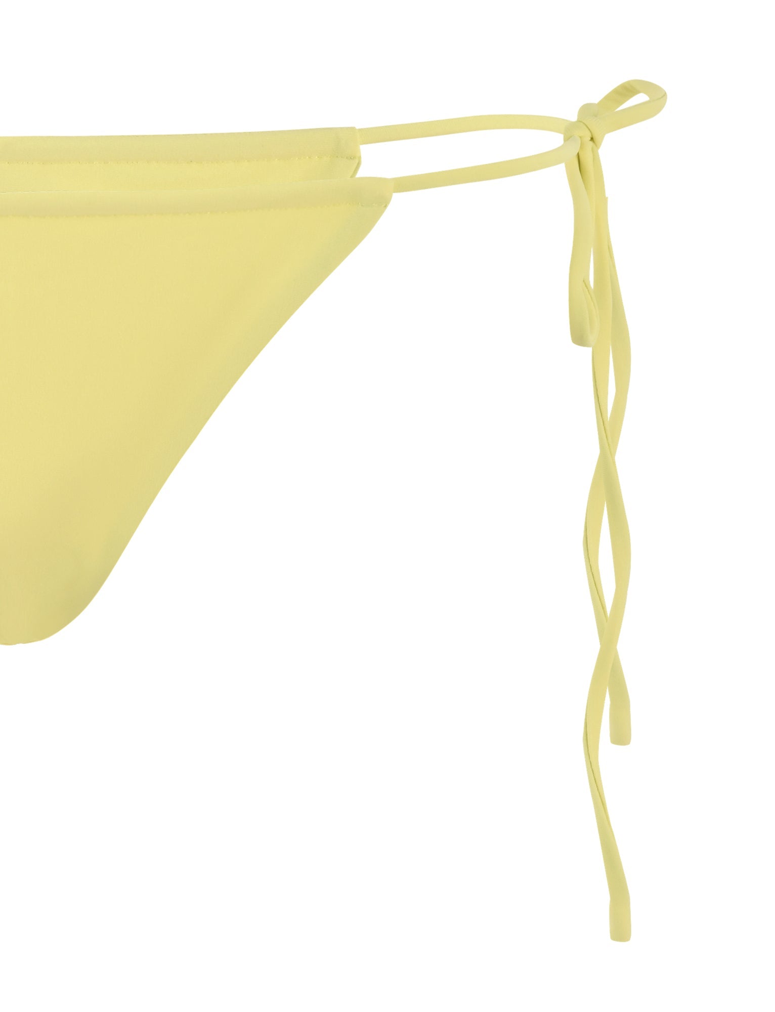 Close-up of a yellow Tigermist Khessa Bikini Bottom in the Lemon color, featuring a tie-side design. The end of the tie is seen hanging down with loops and loose ends, showcasing the adjustable nature of the bikini bottom. The fabric is smooth and appears to be made of a stretchy material.