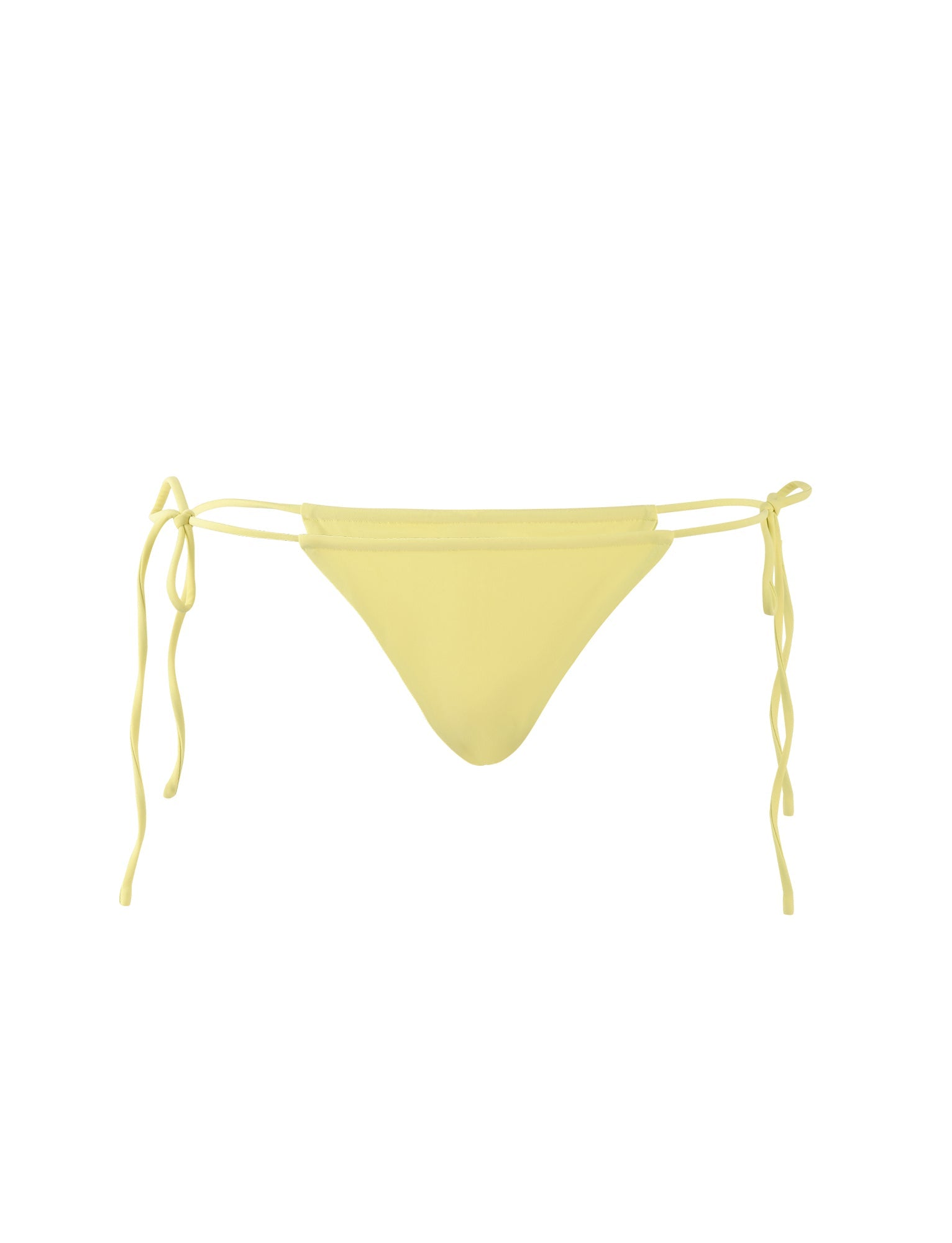 A yellow KHESSA BIKINI BOTTOM - LEMON from TIGERMIST with side ties sits against a plain white background. The bikini bottom features a classic triangular cut and adjustable strings on each side for a perfect fit.