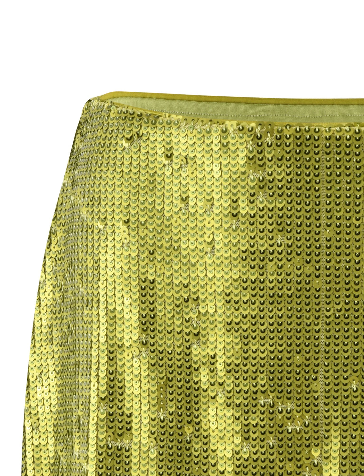 Close-up image of a shiny fabric covered in metallic green sequins, creating a shimmering effect. The sequins are circular and densely packed, reflecting light and giving the fabric a sparkly appearance. This dazzling material looks like it could be part of the TigerMist Kaye Skirt in green.