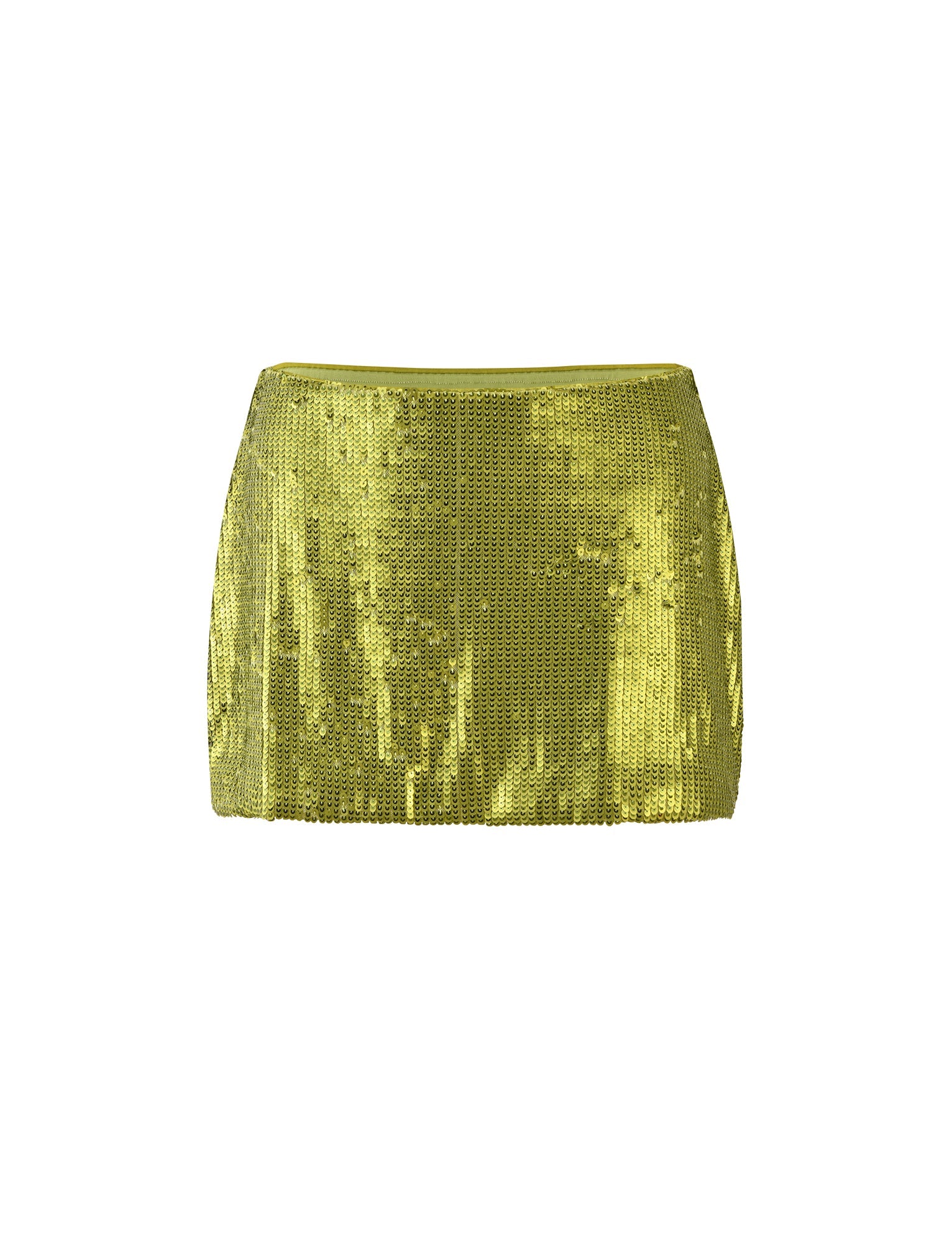 A green sequined mini skirt from TIGERMIST, featuring a shiny and reflective surface, is shown against a plain white background. The KAYE SKIRT - GREEN is fitted with a straight cut and appears above the knee in length.