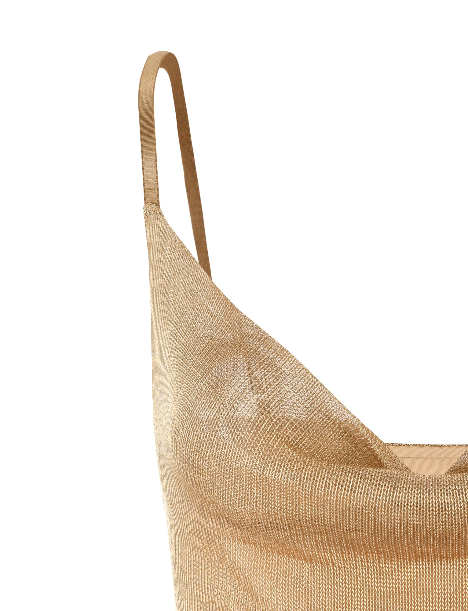 Close-up of the WYNNE TOP - GOLD from TIGERMIST. The detail showcases a thin strap and the shimmering, metallic texture of the fabric, which appears semi-transparent.