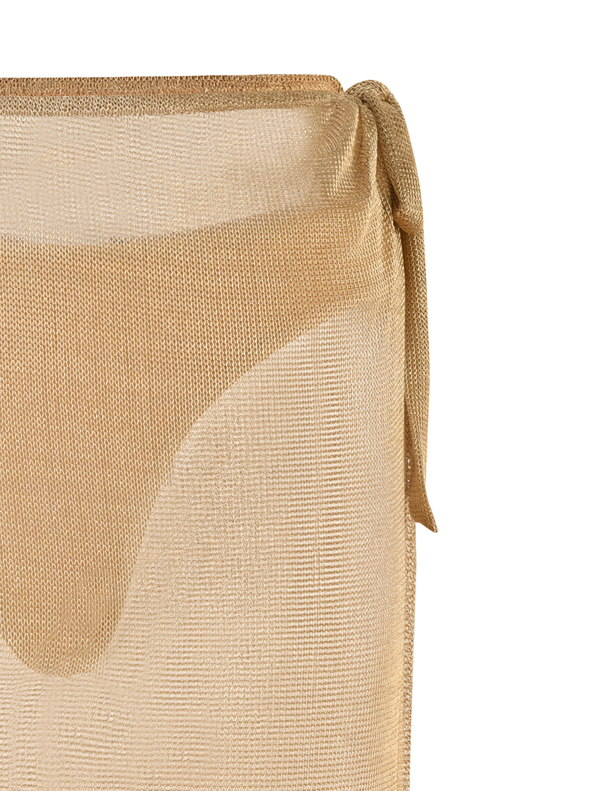 A close-up of the WYNNE SKIRT - GOLD by TIGERMIST, a sheer beige mesh skirt with a functional side tie wrap, layered over a matching bikini bottom for a semi-transparent look.