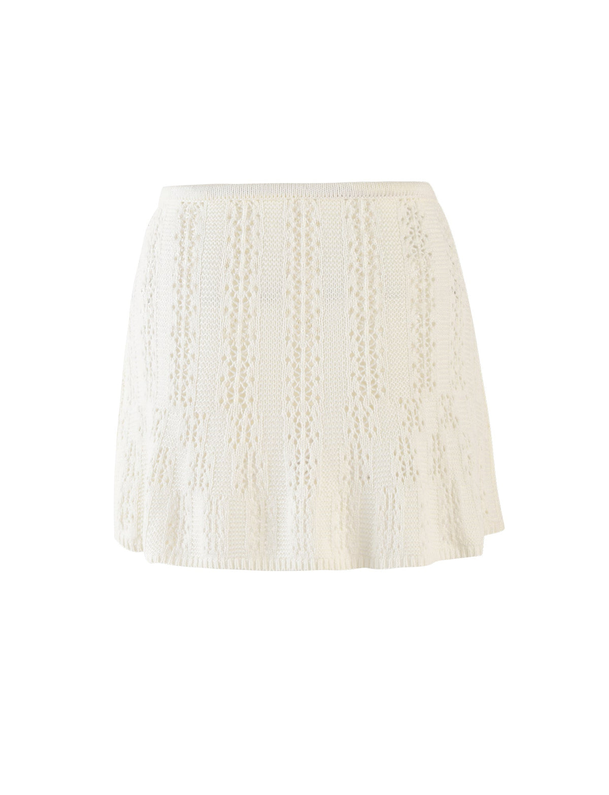 The SANDOR SKIRT - WHITE by TIGERMIST is a white, knee-length crochet skirt with a flared design. It features intricate vertical patterns with both solid and open stitch sections, creating a textured and airy look. The elastic waistband provides a snug fit.