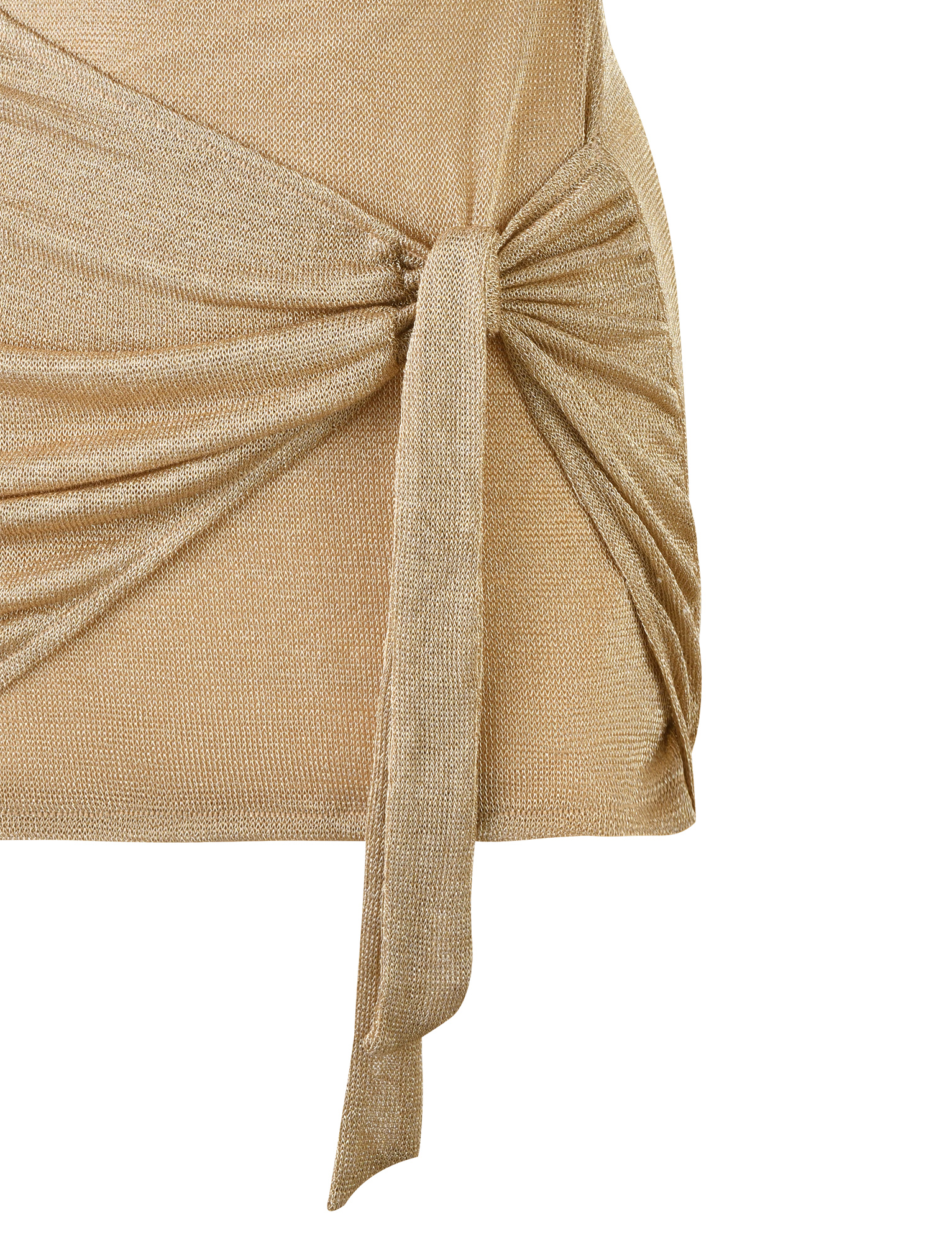 Close-up of the AZELMA DRESS - GOLD by TIGERMIST, featuring a shimmery beige metallic knit with textured finish, gathered at the side and tied with a hanging fabric strip.