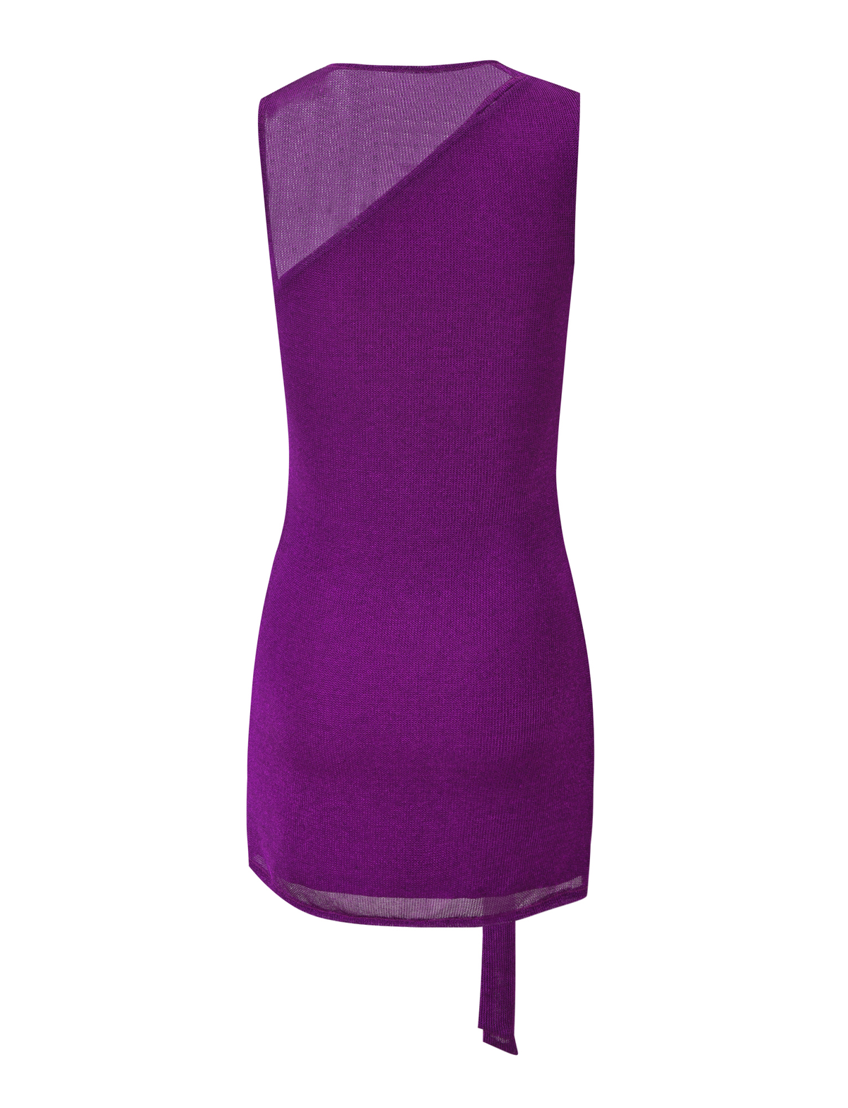 The TIGERMIST AZELMA DRESS in purple is a sleeveless, asymmetrical mini dress with a fitted silhouette, one sheer mesh shoulder panel, and a pointed hem, shown against a white background.