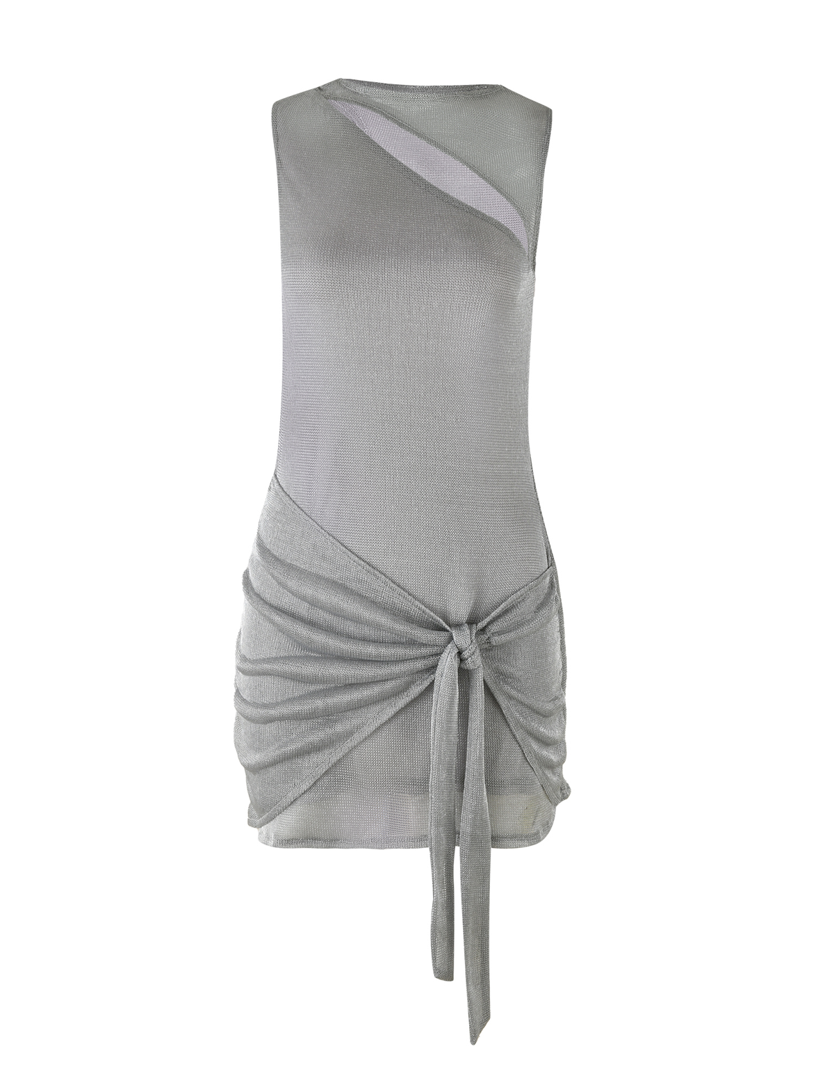 The AZELMA DRESS - SILVER by TIGERMIST is a sleeveless metallic knit mini dress with an asymmetrical neckline cutout, draped ruched waist, front tie knot, and fitted silhouette with a subtle sheen.