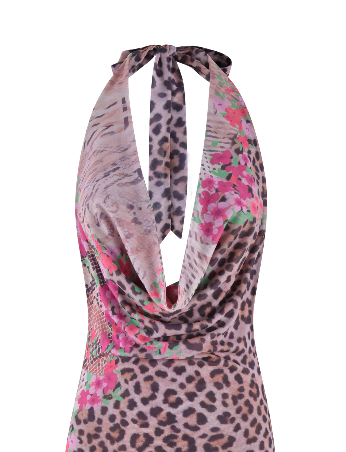 The CATALINA MAXI DRESS by TIGERMIST features a halter-neck design, deep cowl neckline, floral leopard print with pink floral accents at the sides, and a low open back.