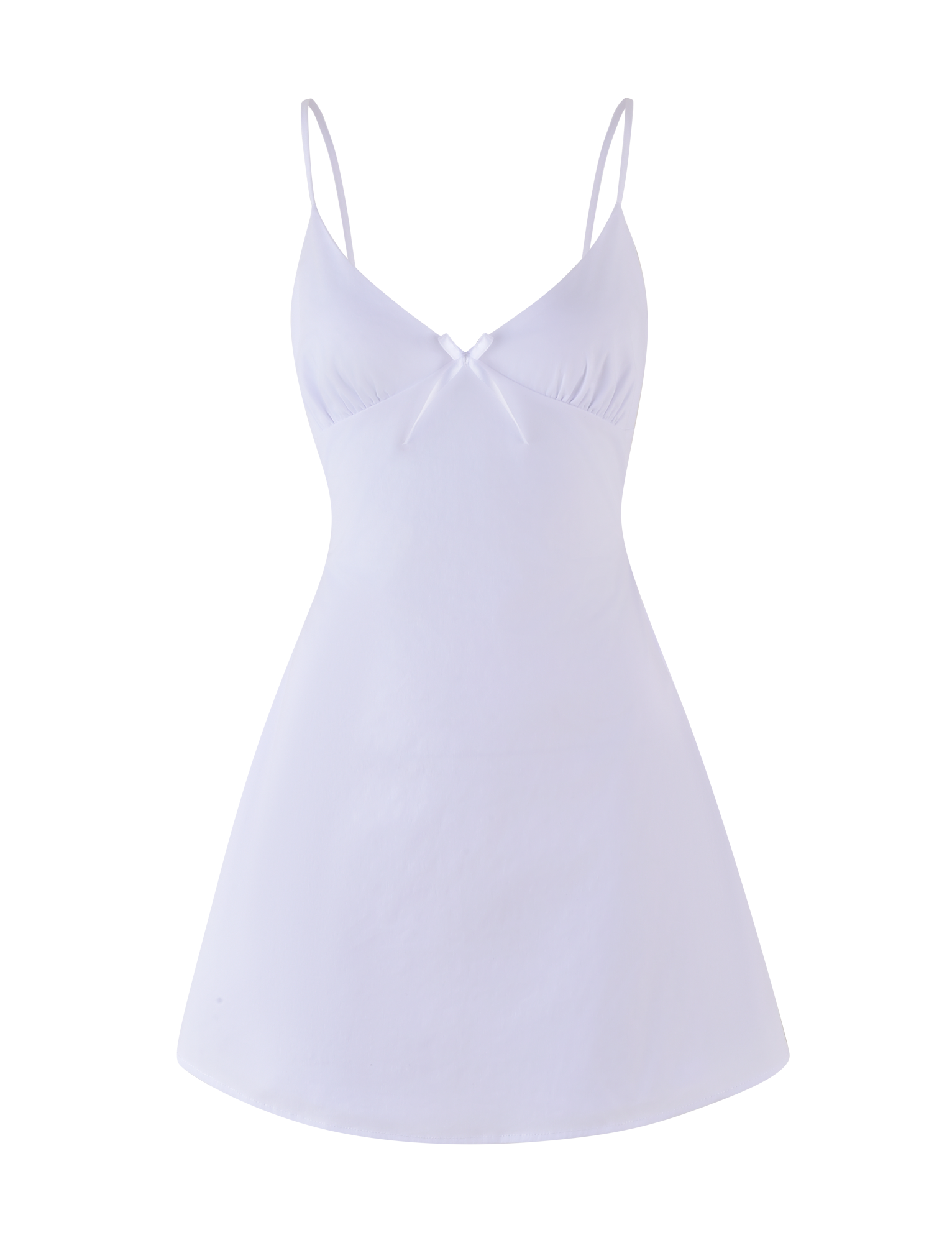 The TIGERMIST WINNIE MINI DRESS in white features adjustable straps, a dainty chest bow, and a flared skirt for a delicate, comfortable fit.