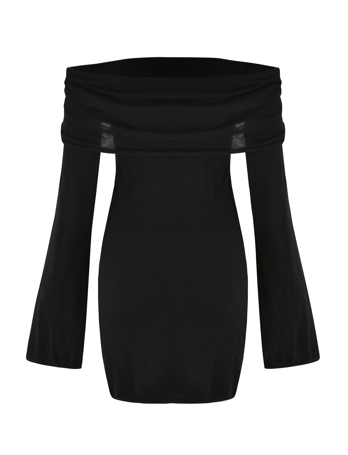 The DIEDRE JUMPER DRESS - BLACK by TIGERMIST is an off-shoulder dress featuring long, wide sleeves. The folded-over neckline creates a draped effect. This mini-length dress offers a fitted silhouette and a slightly flared hem in knit fabrication.