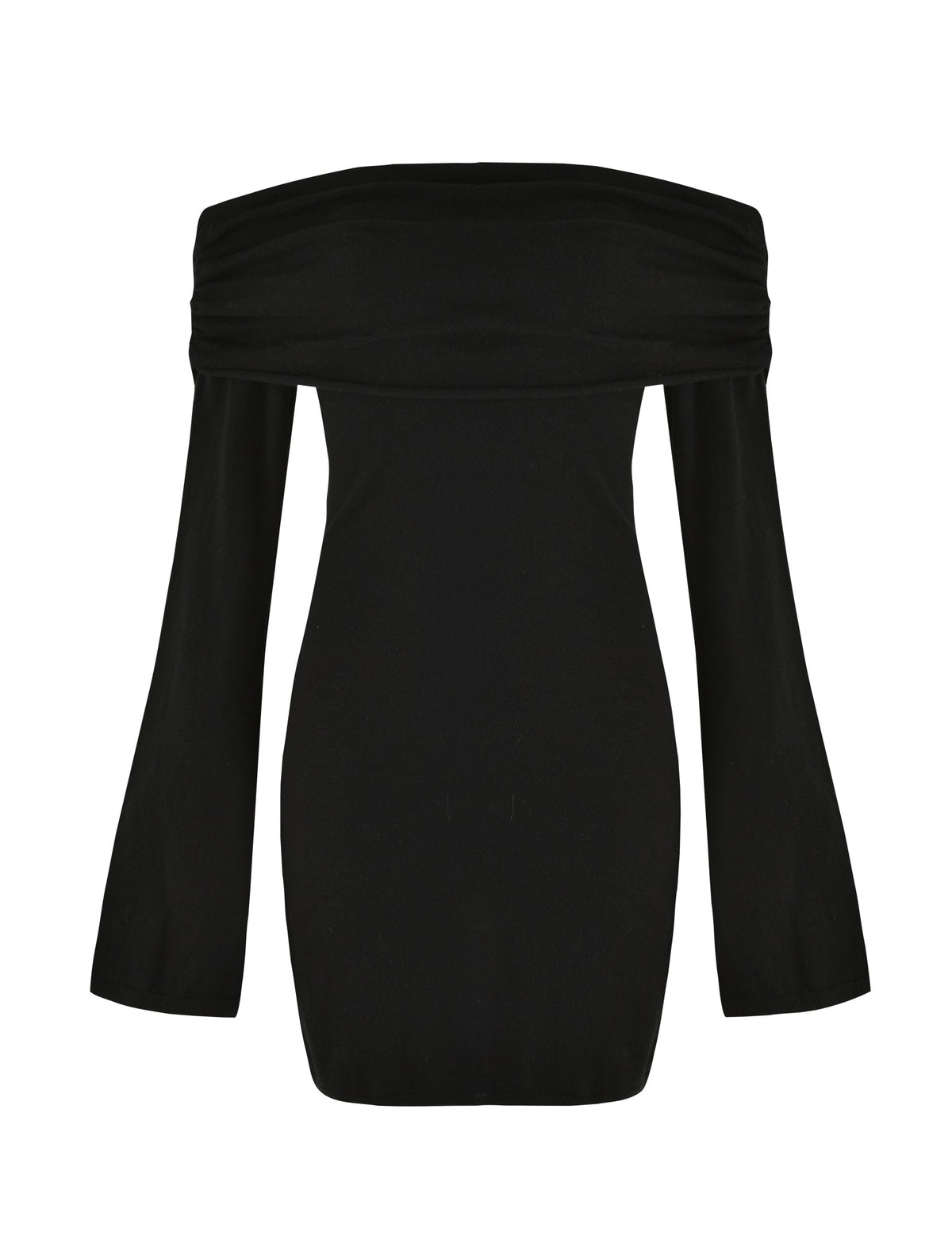 The DIEDRE JUMPER DRESS - BLACK from TIGERMIST is an off-the-shoulder, mini length dress with long sleeves, displayed on a white background. It features a fitted silhouette, straight neckline, and knit fabrication.