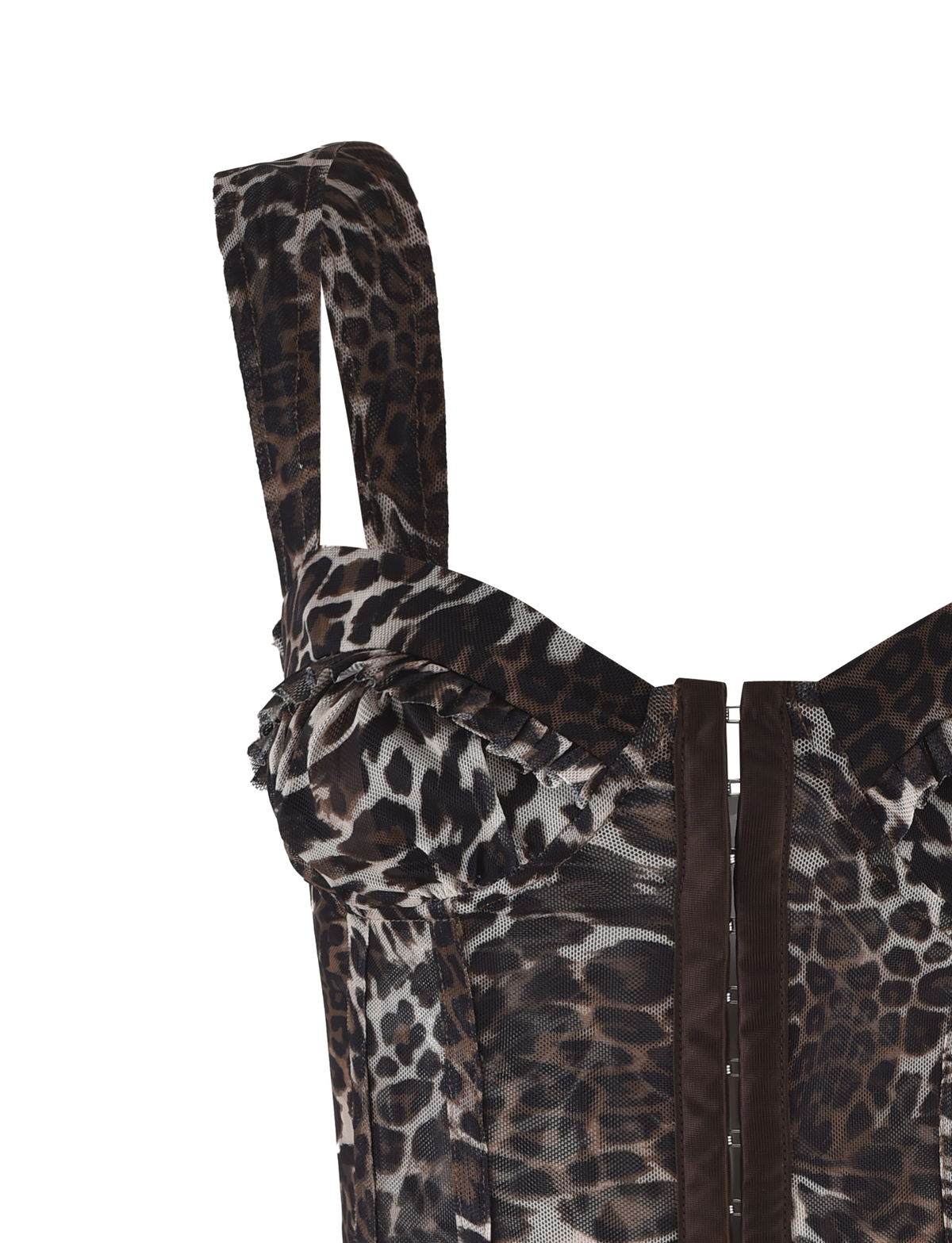 The TIGERMIST GINNY TOP - NEUTRAL : LEOPARD is a sleeveless corset with a sweetheart neckline, structured boning, wide straps, front hook-and-eye closures, and an animal print in brown and black shades.