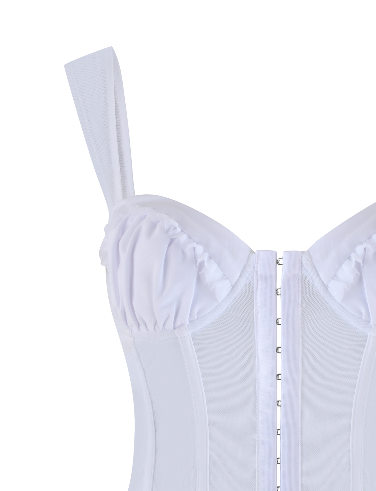 Close-up of the TIGERMIST GINNY TOP in Optic White, a fitted corset-style top with a sweetheart neckline, structured cups, vertical seams, front hook-and-eye closure, and one visible shoulder strap.