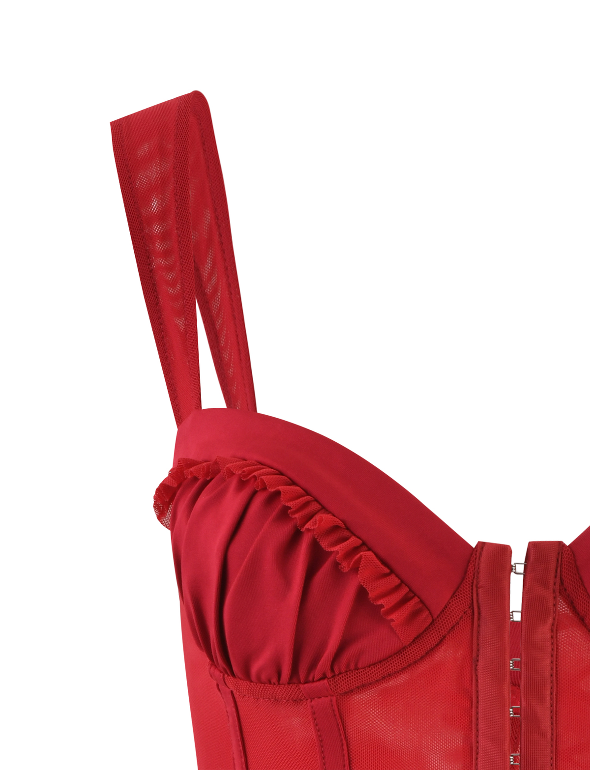 Close-up of the TIGERMIST GINNY TOP in cherry red, featuring wide sheer straps, ruched sweetheart neckline, hook-and-eye front closures, and a structured, bodycon fit.