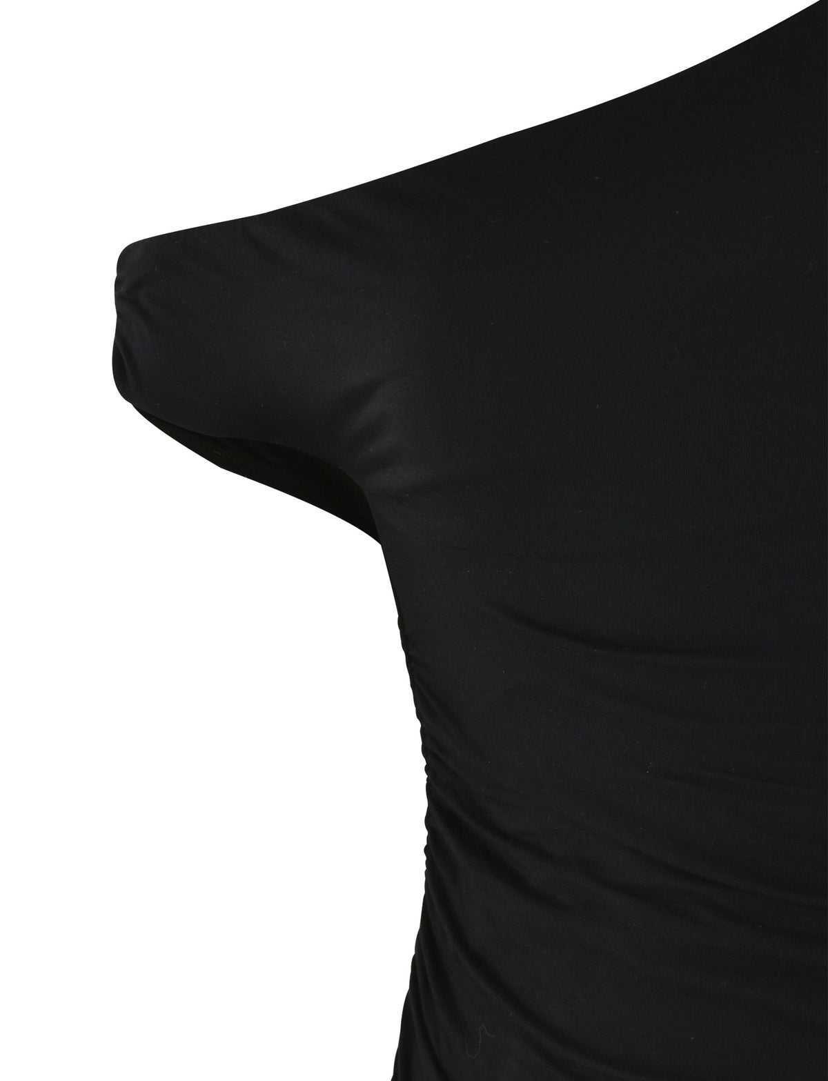 Close-up of a person's shoulder and upper back wearing the form-fitting KADENCE TOP - BLACK by TIGERMIST. The slightly gathered fabric shows a snug fit and smooth texture against a white background.