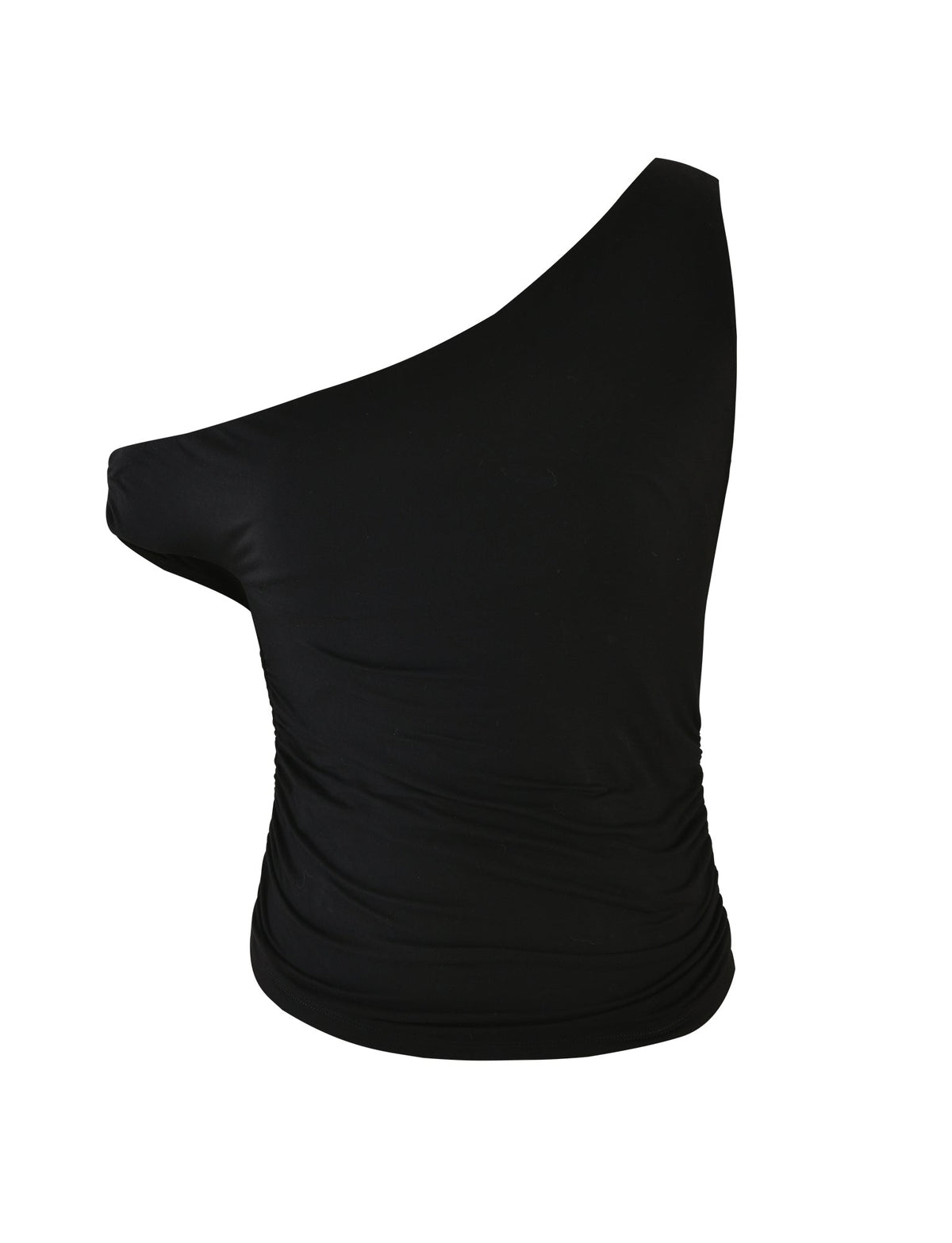 The TIGERMIST KADENCE TOP in black features a one-shoulder, sleeveless design with ruched detailing on the side. Crafted from stretchy fabric for maximum comfort, this top offers a chic asymmetrical look. Presented against a plain white background, it epitomizes modern elegance.