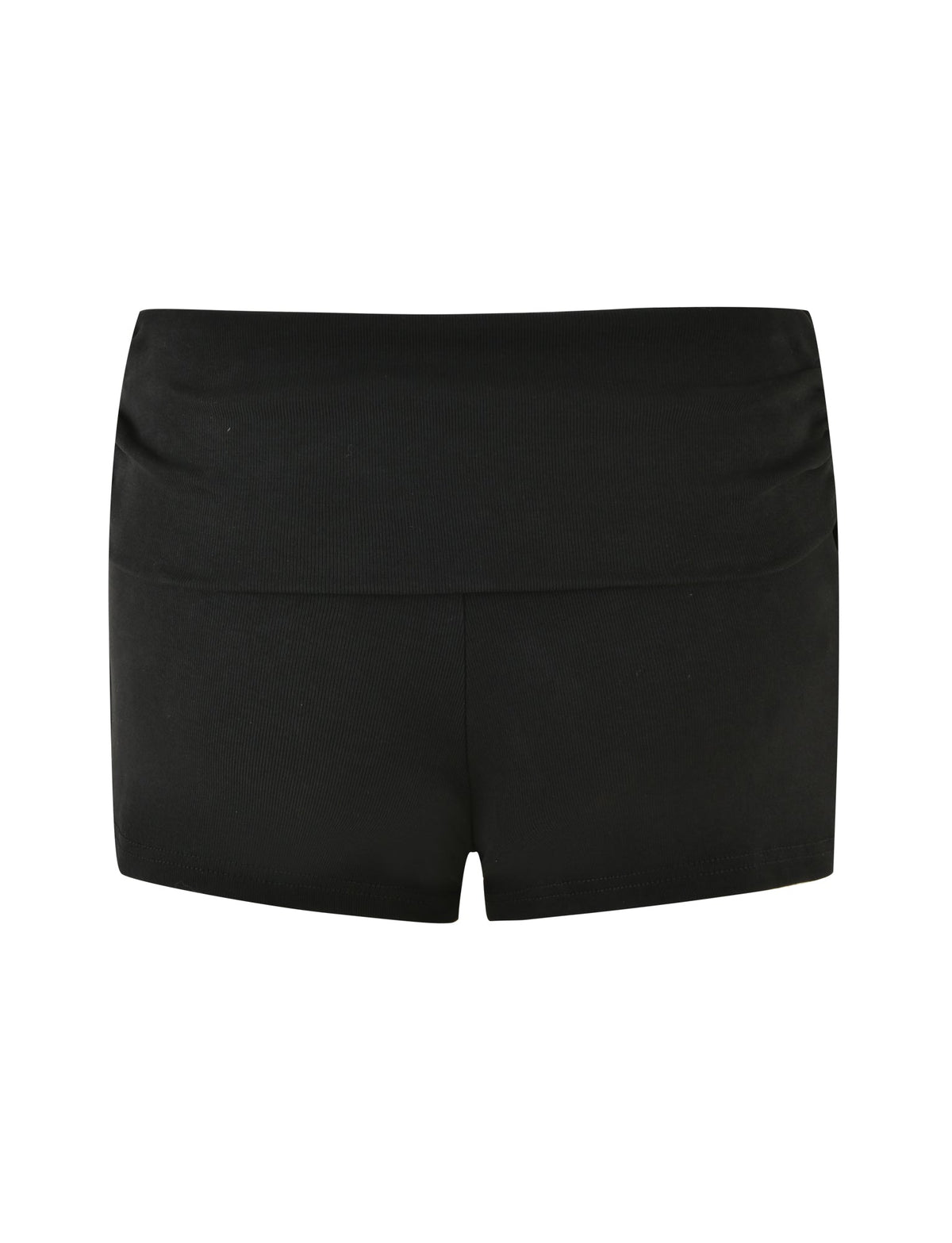 The KARINA RIB SHORT - BLACK by TIGERMIST, featuring a black, form-fitting ribbed fabrication and a wide waistband, is photographed on a white background. The seamless design and smooth fabric make these shorts ideal for active wear or casual use.