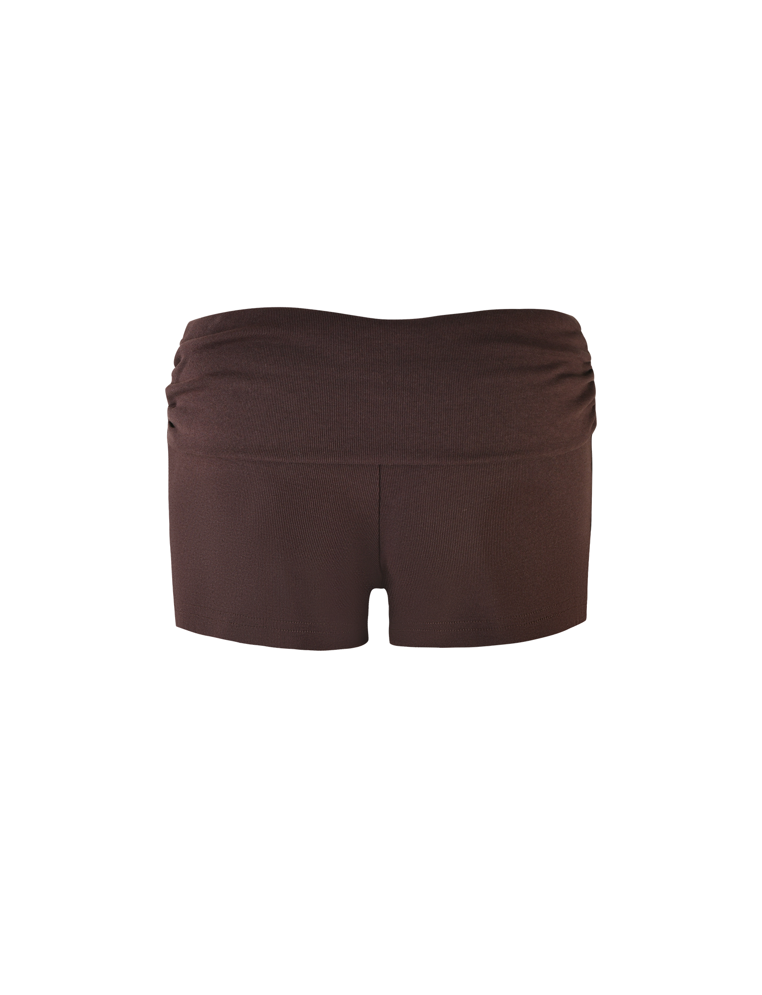 A pair of TIGERMIST KARINA RIB SHORT - BROWN : CHOCOLATE, featuring a low-rise waist and fitted silhouette, displayed against a white background.