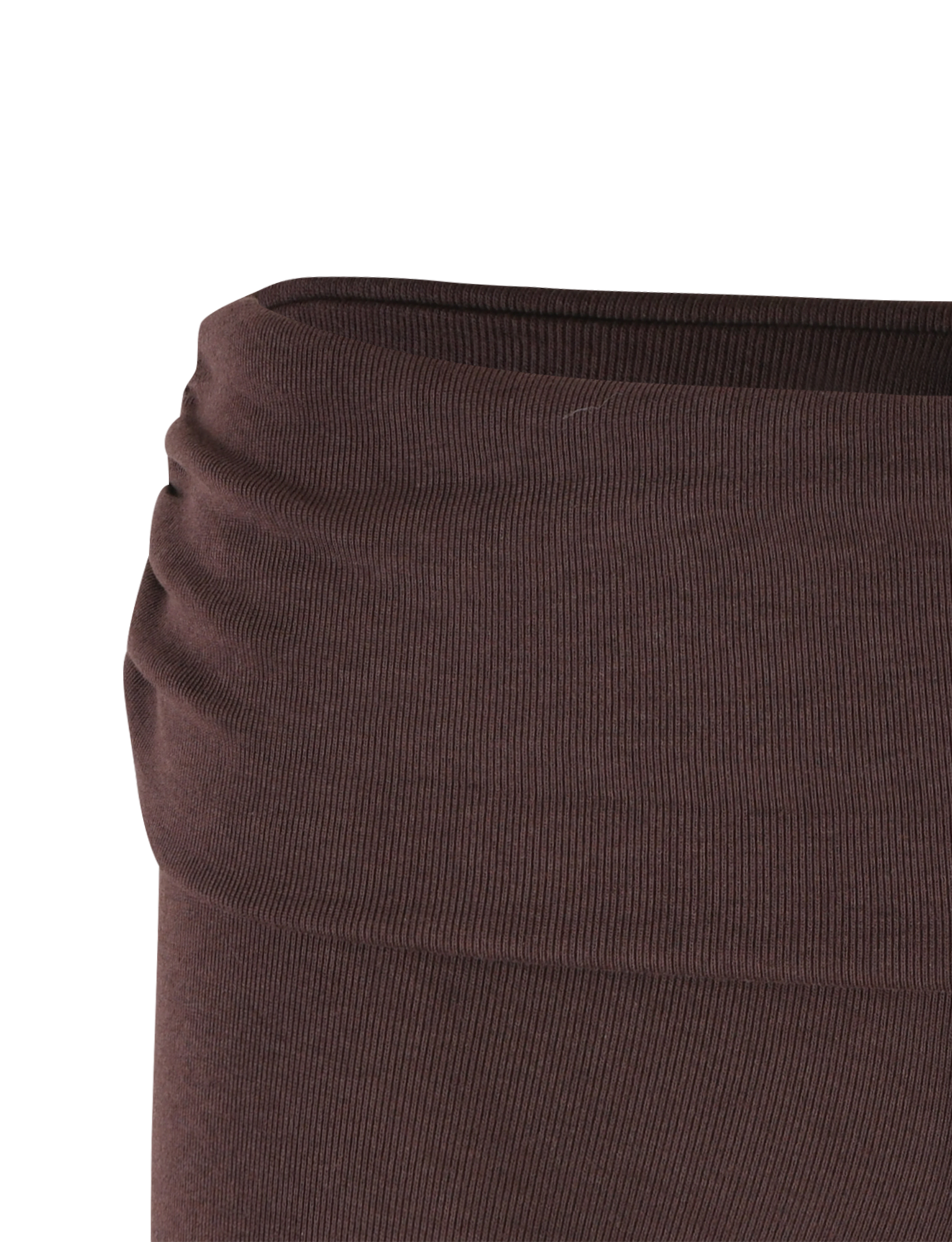 Close-up of the TIGERMIST KARINA RIB SHORT in chocolate brown, featuring a ribbed waistband with gentle gathering on one side.