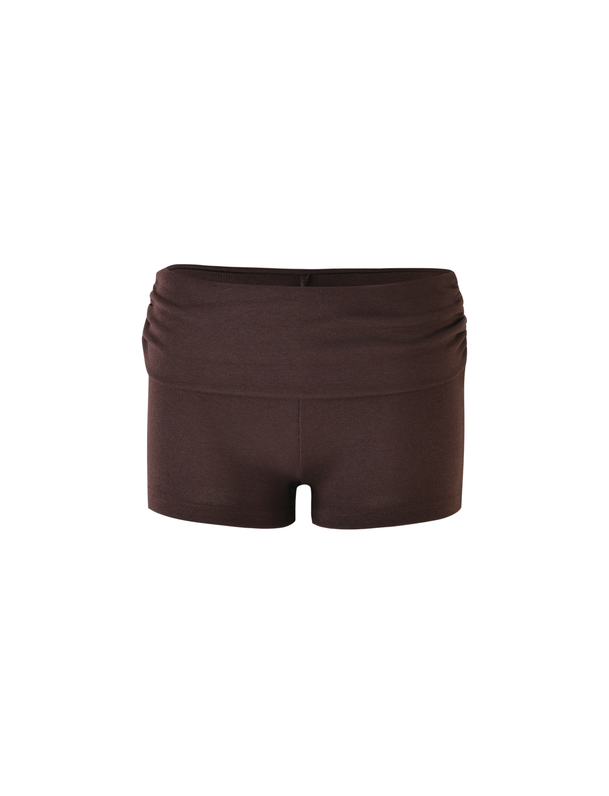 The KARINA RIB SHORT - BROWN : CHOCOLATE by TIGERMIST is a pair of dark brown, fitted shorts with a wide ribbed waistband and ribbed texture, displayed on a plain white background.