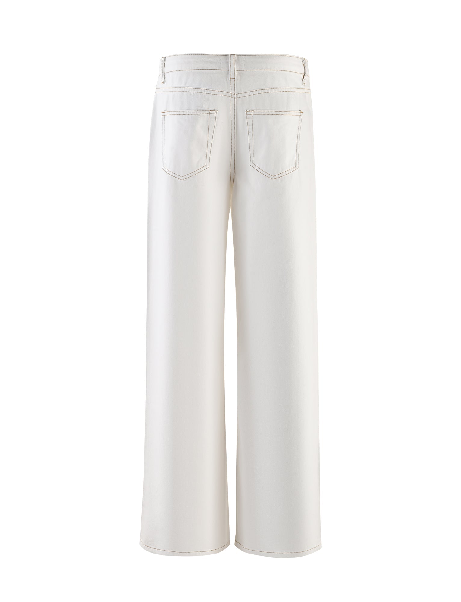 The FELIX JEAN - WHITE from TIGERMIST is shown from the back. These wide-leg jeans feature two back pockets with visible stitching and belt loops at the waistband. The hem of each pant leg falls straight down without any distressing or additional details.