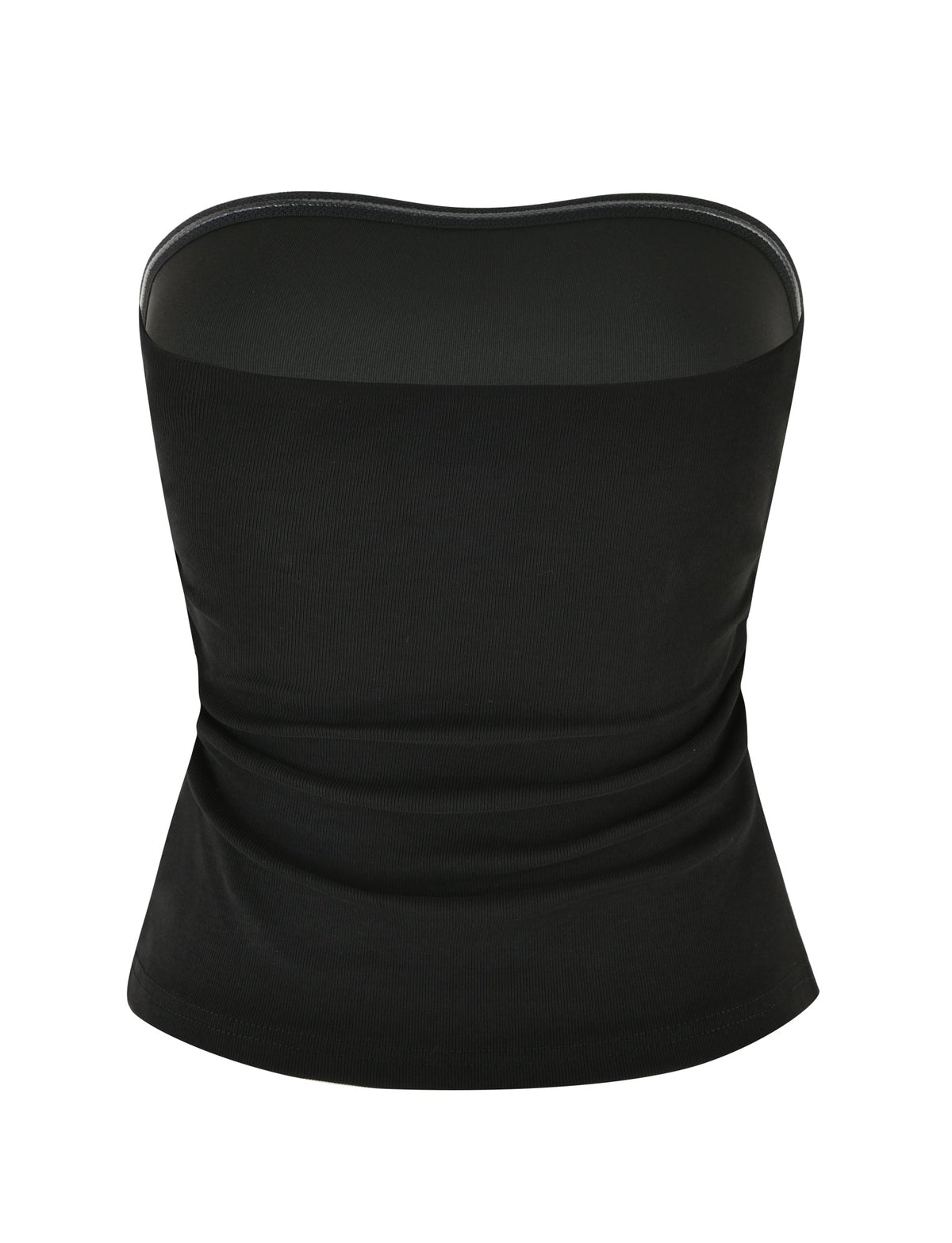 The HARRIETT RIB TUBE TOP in black by TIGERMIST is a strapless bandeau with a bodycon silhouette, featuring a smooth, form-fitting design with a curved neckline and sleek finish.