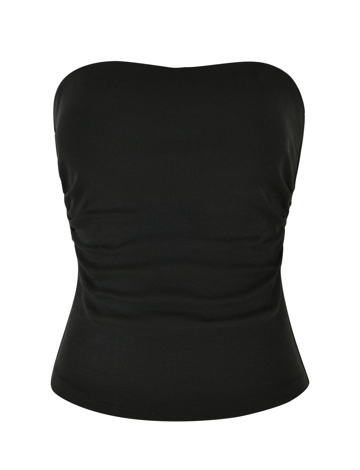 The HARRIETT RIB TUBE TOP in black by TIGERMIST is a strapless top with a form-fitting bodycon silhouette. It features subtle ruching on the sides for a slightly gathered appearance, while the ribbed fabric ensures a snug fit around the chest and midsection, making it both stylish and comfortable.