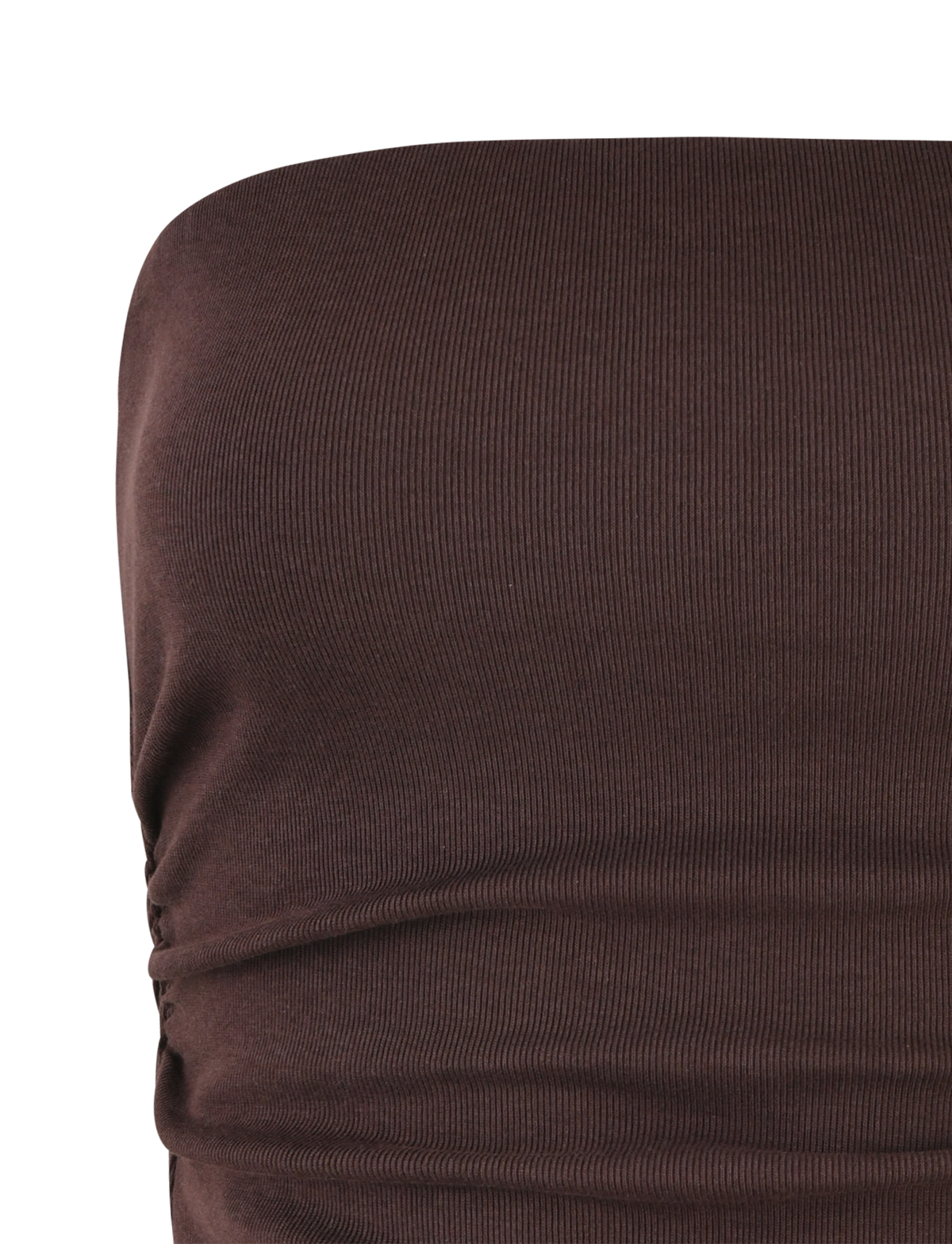 A close-up of the TIGERMIST HARRIETT RIB TOP - BROWN : CHOCOLATE, featuring ribbed jersey fabric and side ruching that creates a flattering, form-hugging silhouette.