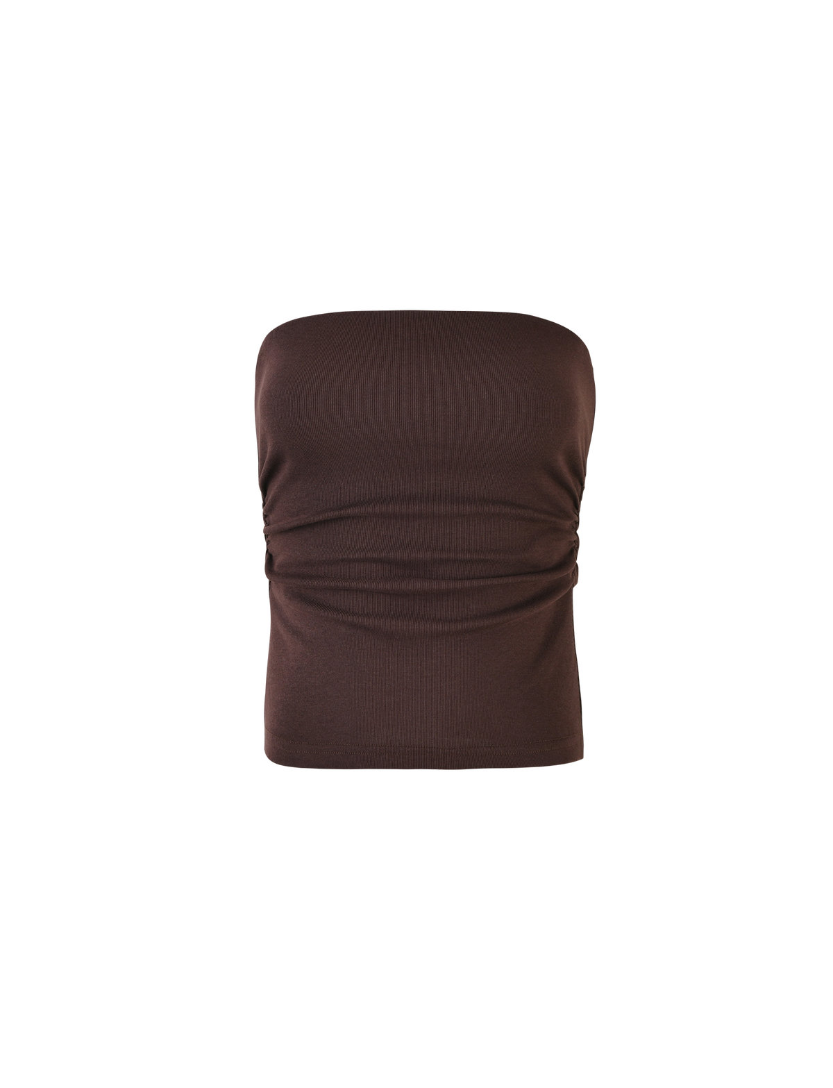 The TIGERMIST HARRIETT RIB TOP - BROWN : CHOCOLATE is a strapless, ribbed jersey tube top with slight side ruching, shown on a plain white background.