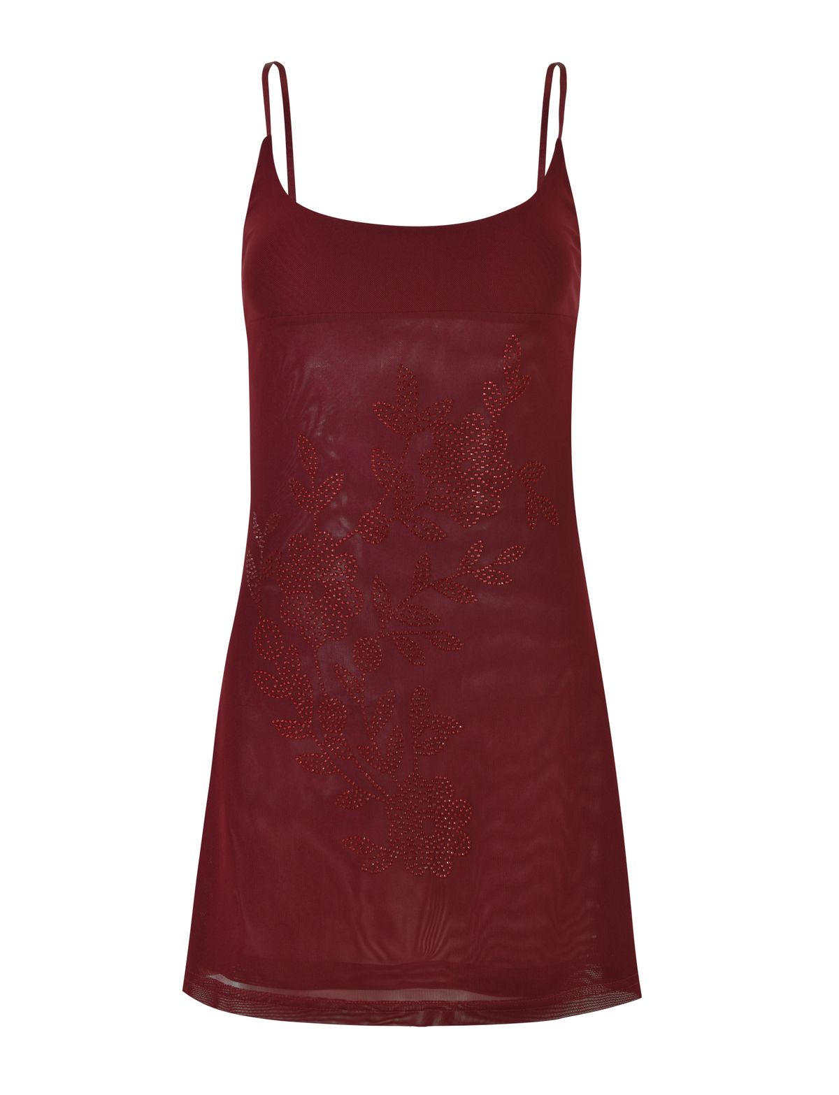 The TIGERMIST OCTAVIA DRESS in Wine is a sheer, sleeveless dress with thin spaghetti straps and subtle small dot floral embellishments on the front.