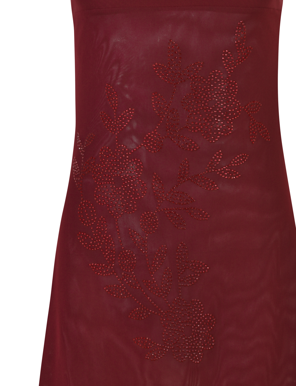 A close-up of the TIGERMIST OCTAVIA DRESS in Wine shows purple fabric with a floral embellishment of shiny studs in branch and flower shapes.