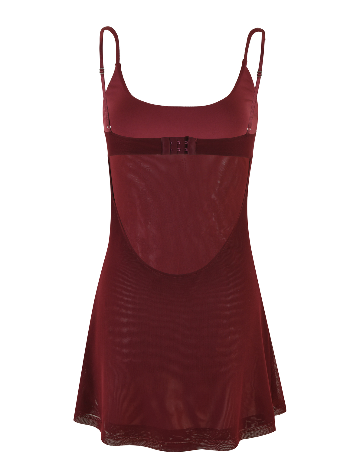 The TIGERMIST OCTAVIA DRESS - PURPLE : WINE features adjustable spaghetti straps, a fitted bust with hook-and-eye closures, and a flared A-line mesh skirt in burgundy, shown on a white background.