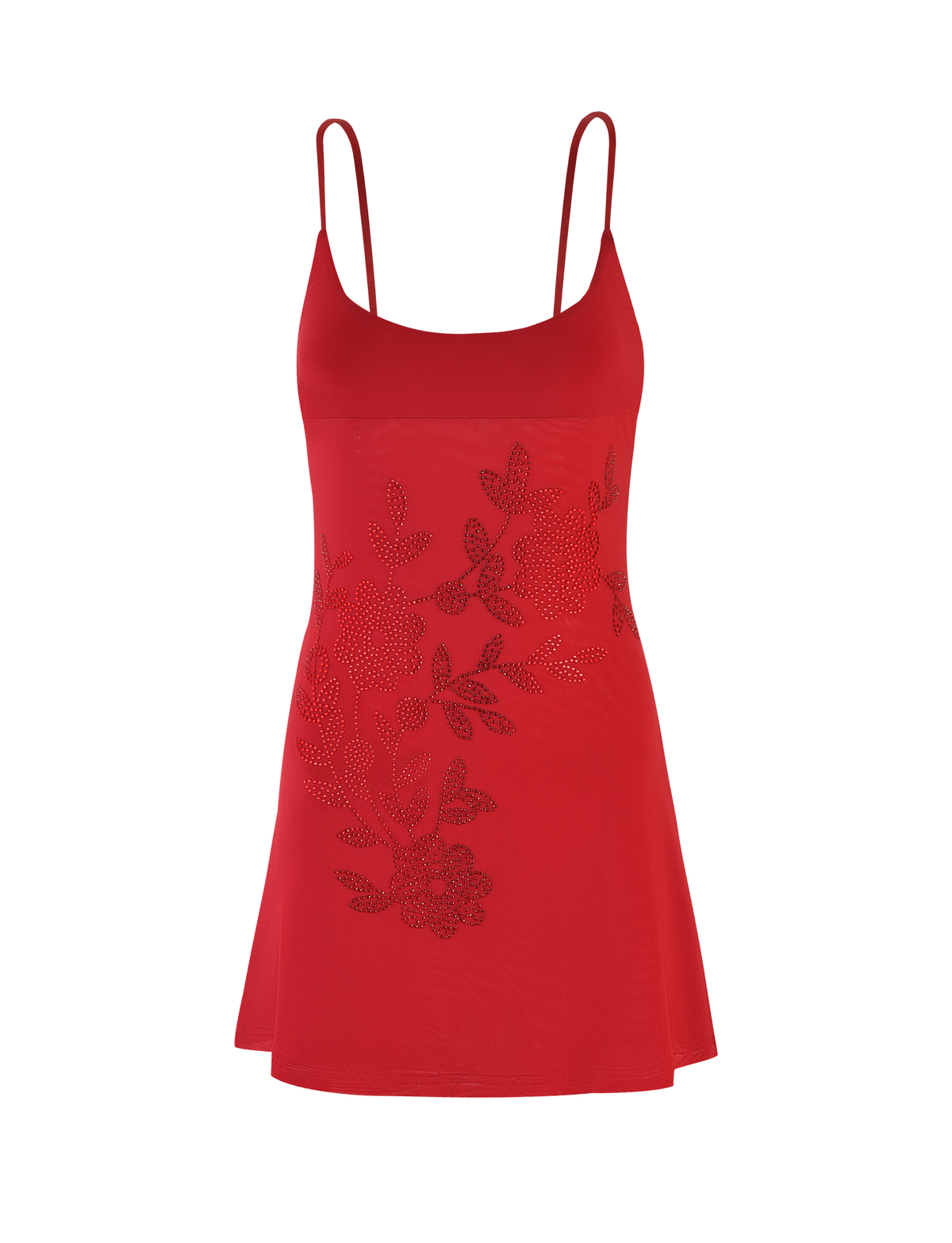 The OCTAVIA DRESS - RED by TIGERMIST features thin spaghetti straps, a flared mini hem, and a floral cutout pattern on the front for a playful, chic look.