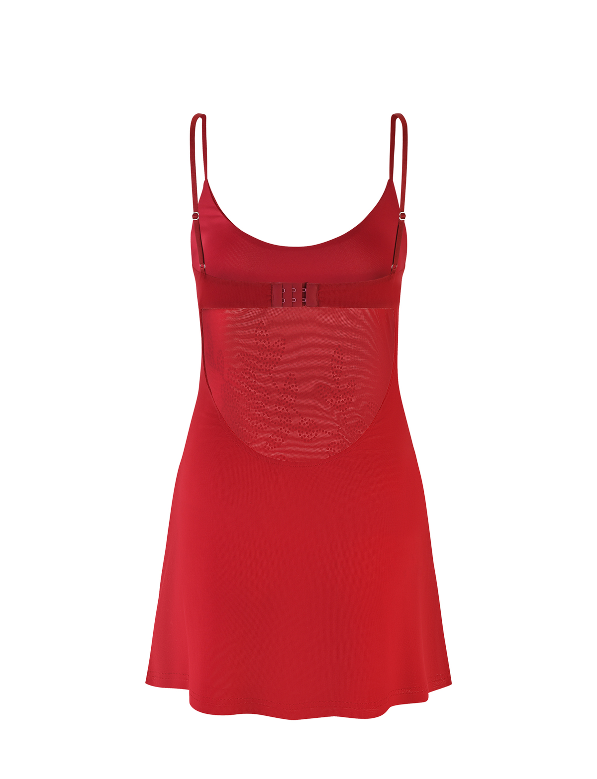 The OCTAVIA DRESS - RED from TIGERMIST is a cherry red sleeveless slip with an A-line silhouette, adjustable spaghetti straps, mesh panels, an embroidered floral back, and a hook-and-eye upper back closure.