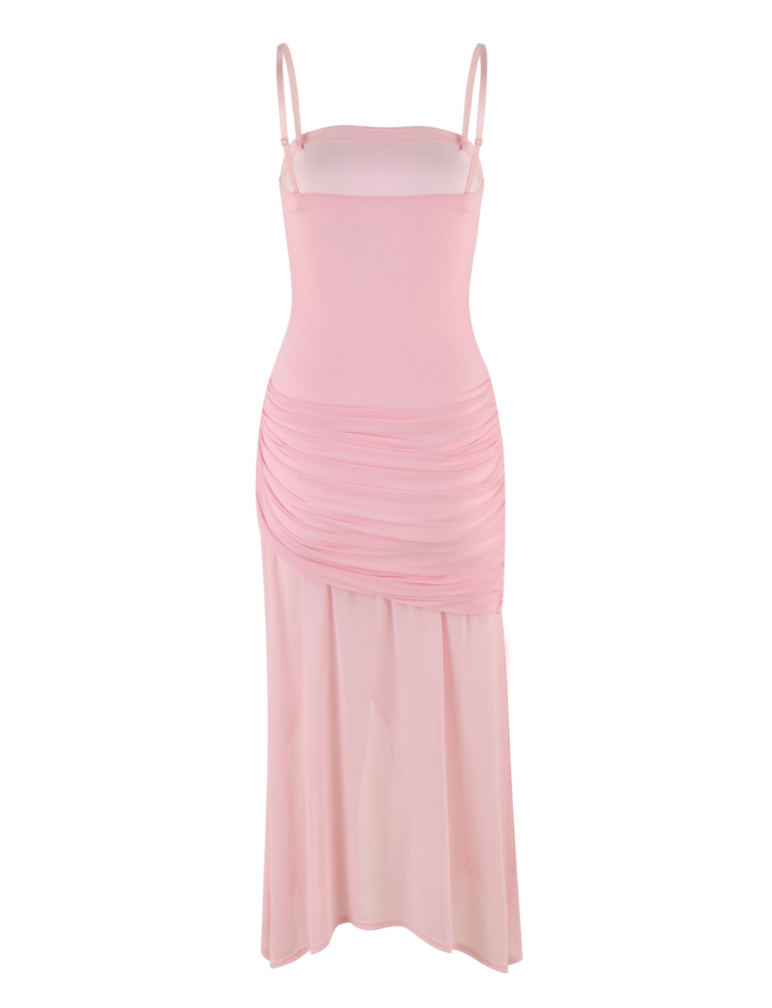 A BABY PINK Cove Dress by TIGERMIST, featuring spaghetti straps and a fitted bodice. The dress boasts an asymmetrical ruched design starting from the waist, flowing into a sheer lower skirt with an elegant, feminine style and an exquisite asymmetric hem.