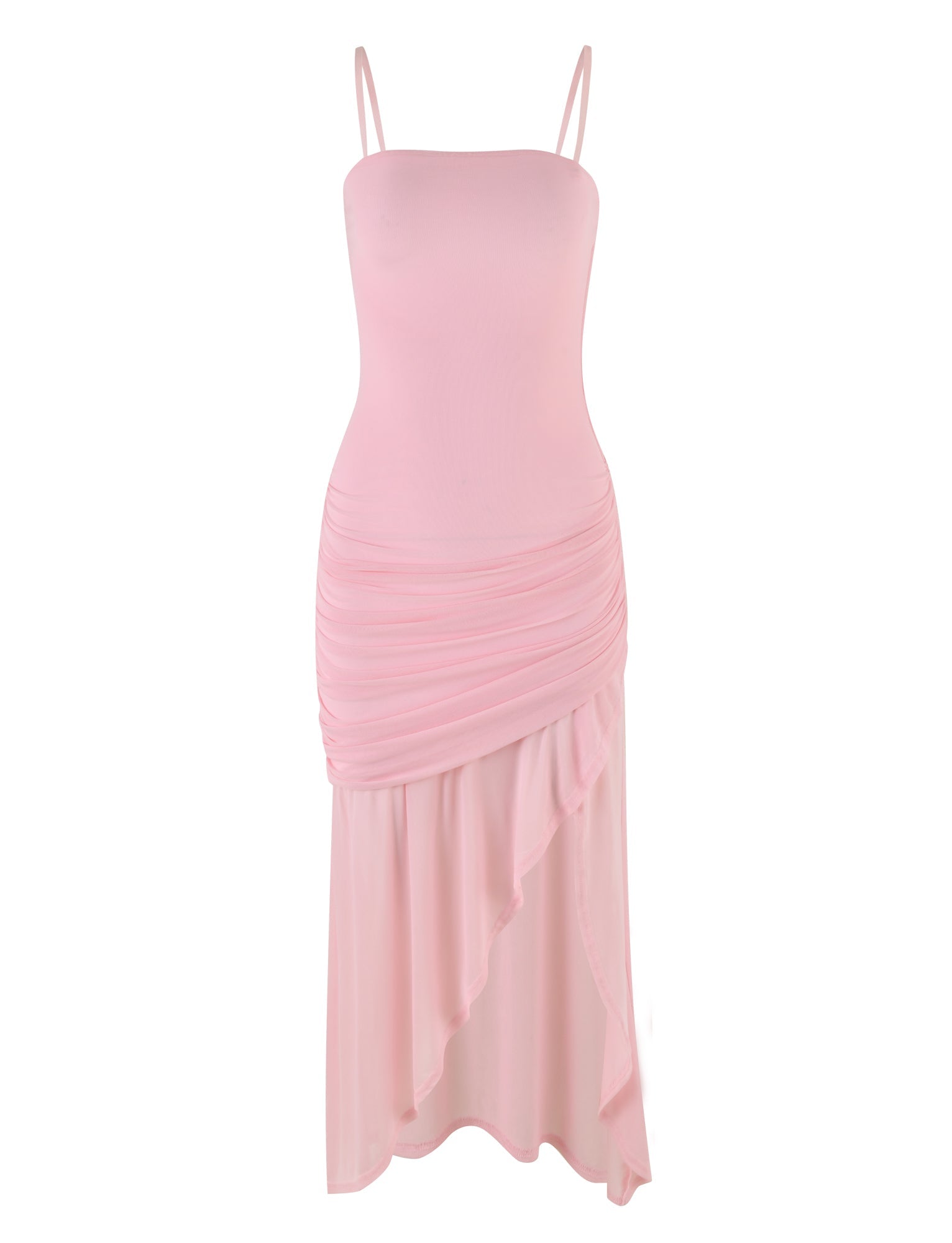 The BABY PINK COVE DRESS by TIGERMIST is a light pink, sleeveless dress with thin shoulder straps that showcases a fitted bodice and elegant ruched detailing around the waist and hips. Its cascading, asymmetrical skirt falls to mid-calf length and is crafted from soft, flowy fabric.