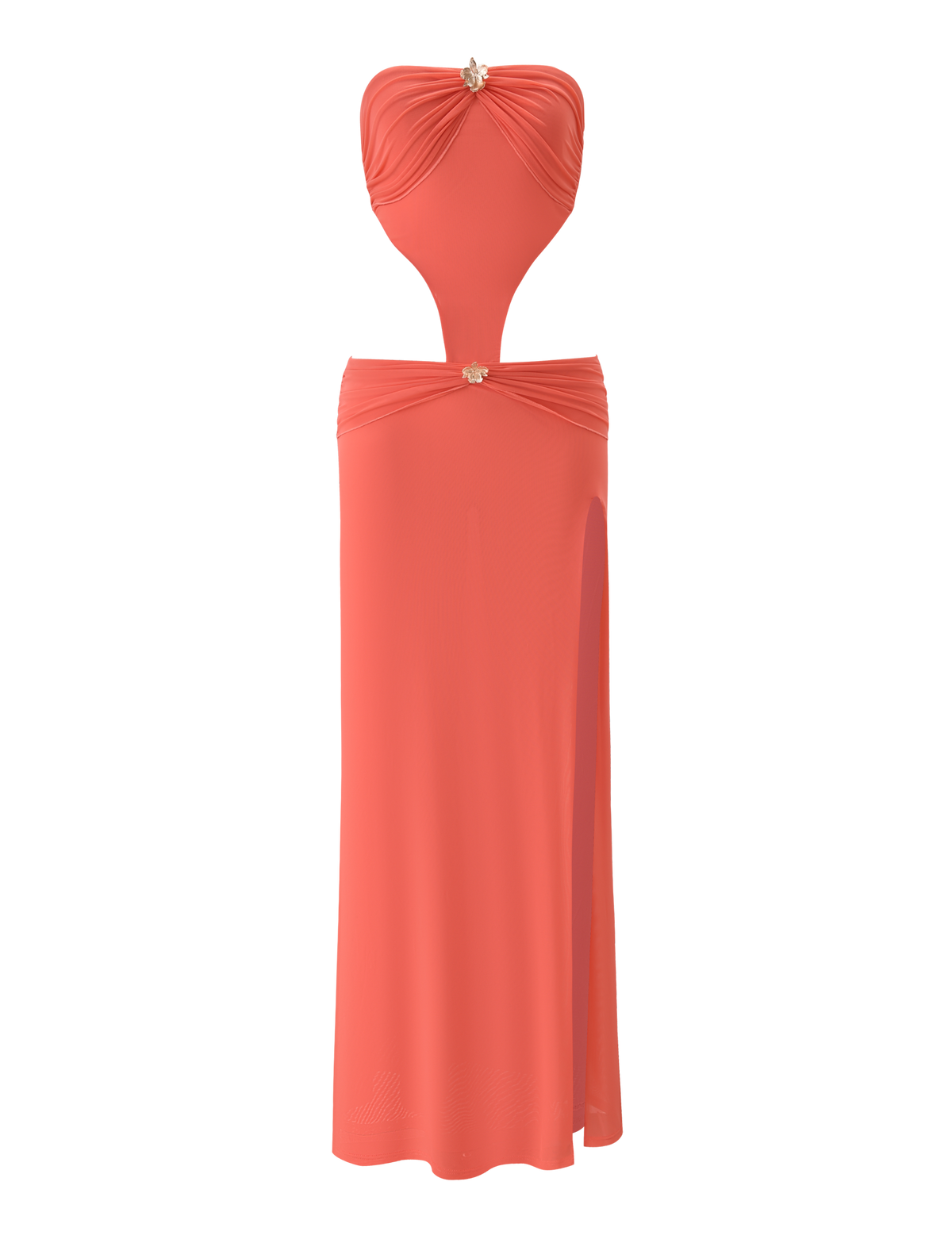 The KYNLEE MAXI DRESS by TIGERMIST features a watermelon hue, strapless mesh design with jeweled bust and waist accents, chic cut-outs, a high leg slit, and a form-fitting, floor-length silhouette.