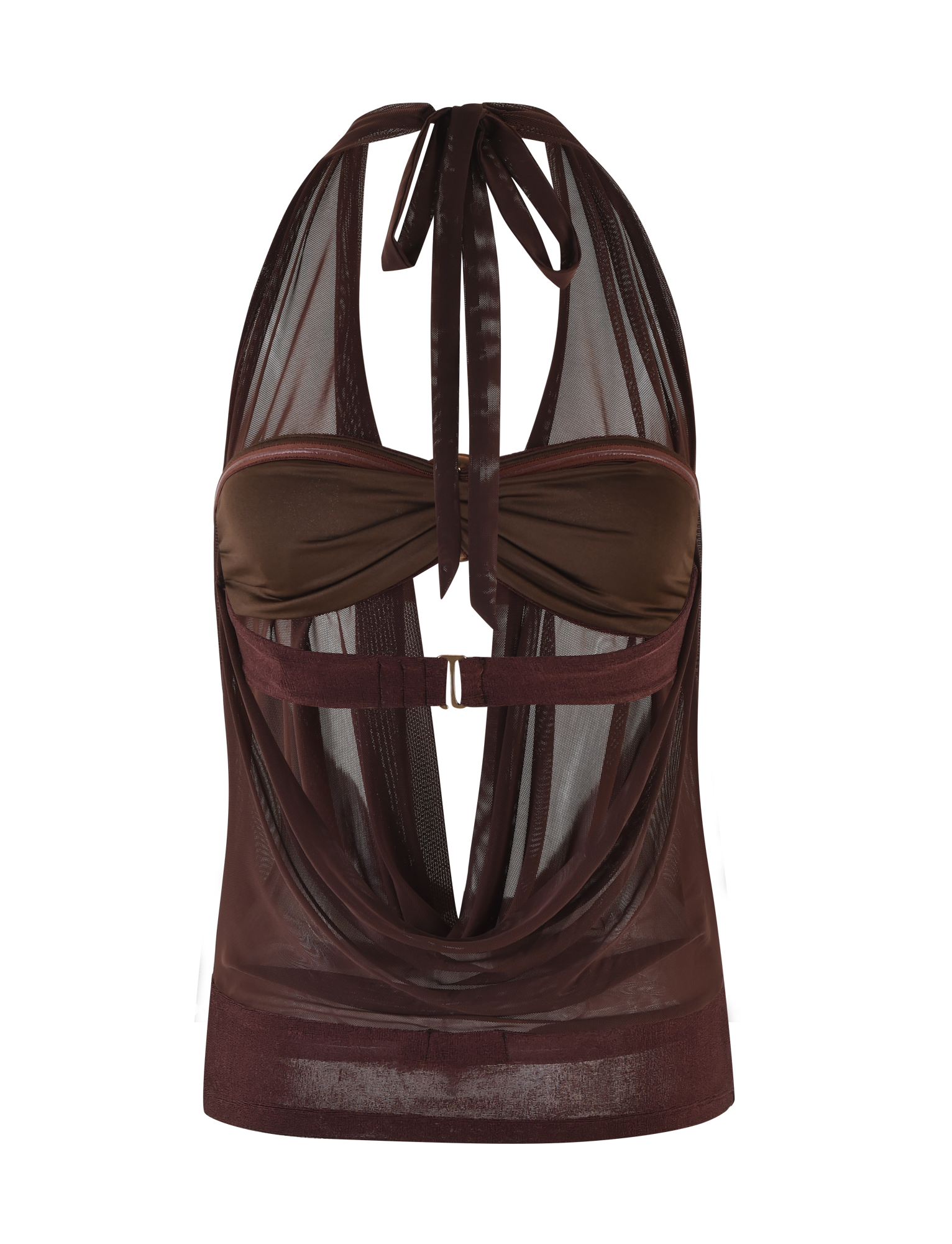 The MAKENA TWO-PIECE TOP - BROWN : CHOCOLATE by TIGERMIST features sheer chocolate mesh, a draped front, bandeau-style bust, open back, layered fabric, and a central metallic accent for an elevated look.