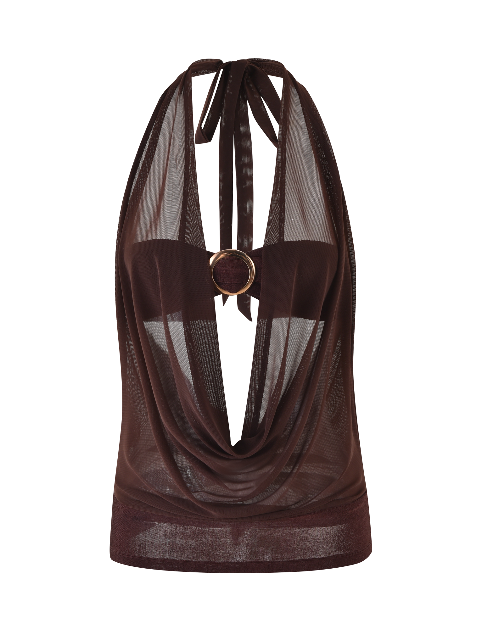 The MAKENA TWO-PIECE TOP - BROWN : CHOCOLATE by TIGERMIST features sheer chocolate mesh in a halter-neck style with a draped neckline, open front, and gold ring detail at the chest, layered over a matching bandeau.