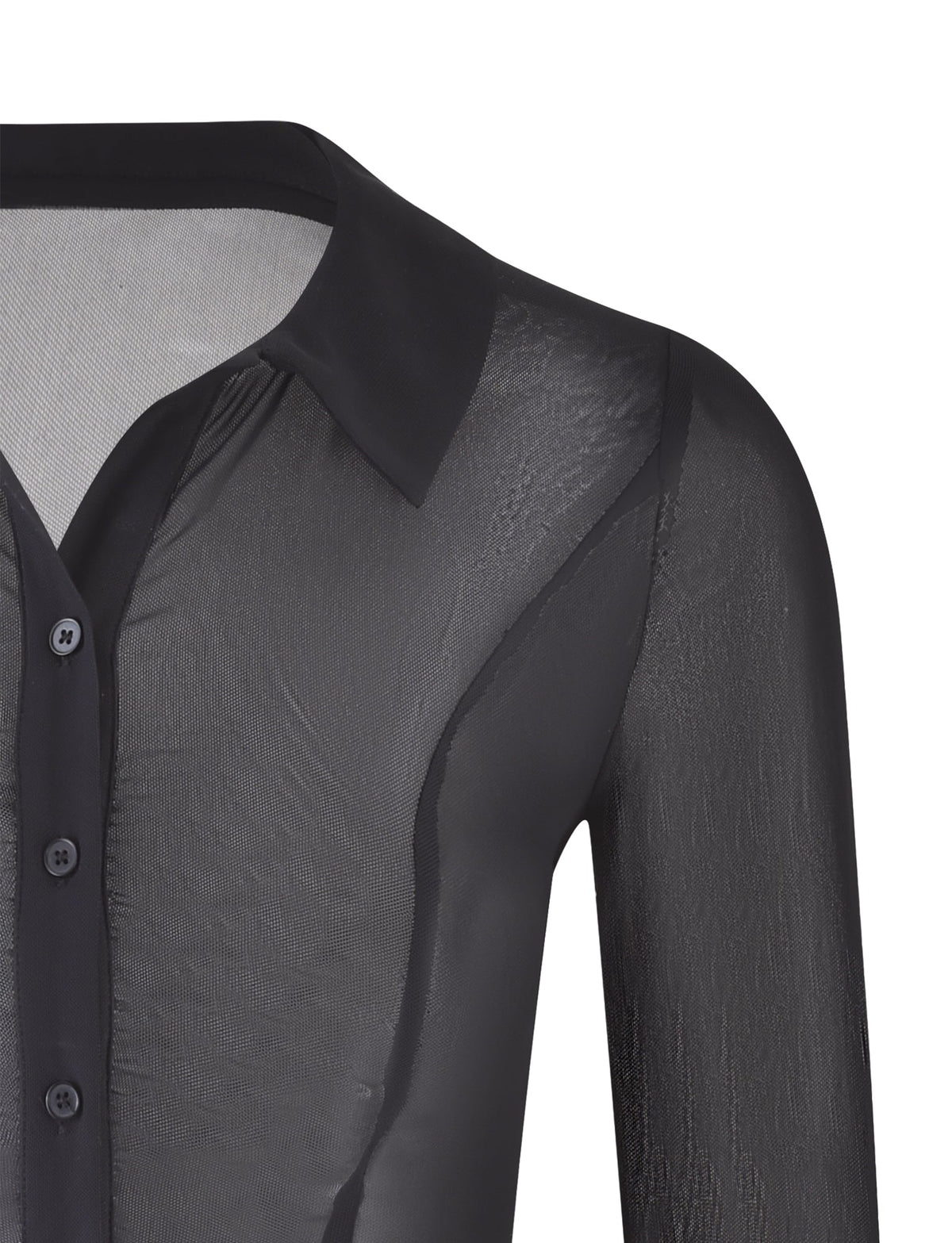 A close-up image of the AHLING LONG SLEEVE TOP - BLACK from TIGERMIST showcases its sheer, black button-up design with a collar. The shirt's see-through mesh fabrication reveals a gray inner lining. Visible buttons and seam details highlight the shirt's lightweight and delicate fabric.