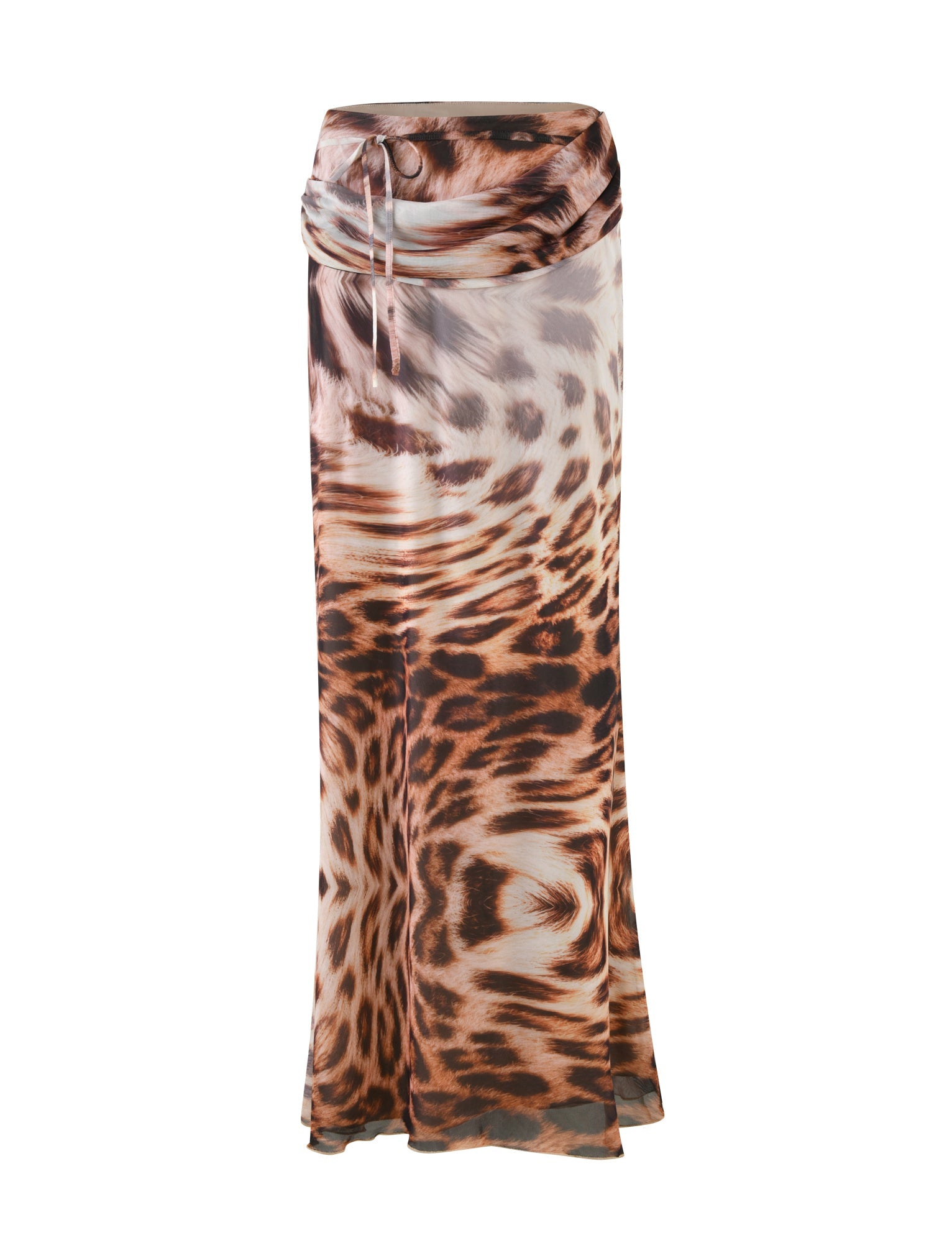 The TIGERMIST Pearl Maxi Skirt in Leopard Haze boasts a relaxed silhouette with its long and flowy design, featuring a captivating leopard pattern in shades of brown and beige. This effortlessly chic piece includes a drawstring waist and is crafted from slightly sheer fabric.