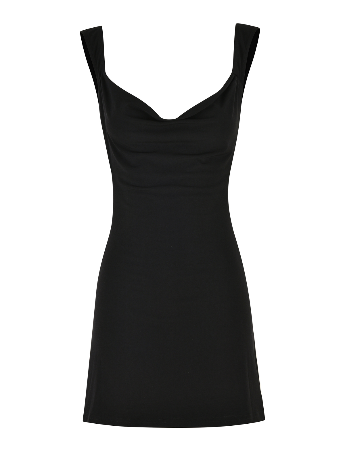 The TIGERMIST ZITA MINI DRESS - BLACK is a sleeveless A-line mini dress with a draped cowl neckline, shown on a plain white background.